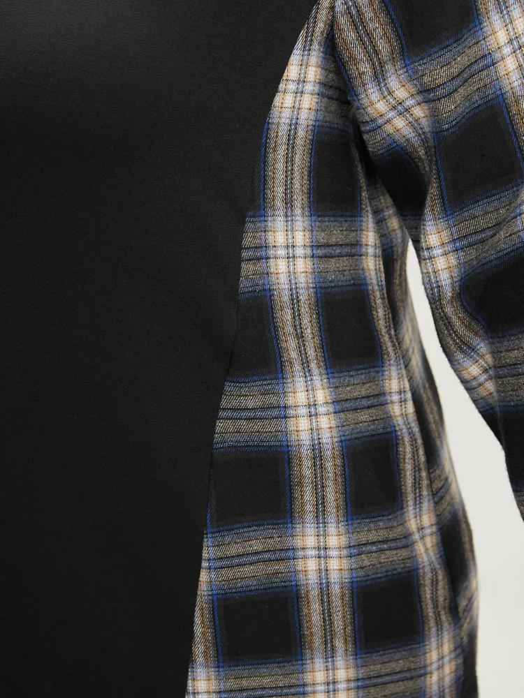 Tartan Patchwork Button Detail Round Neck Sweatshirt - Image 7