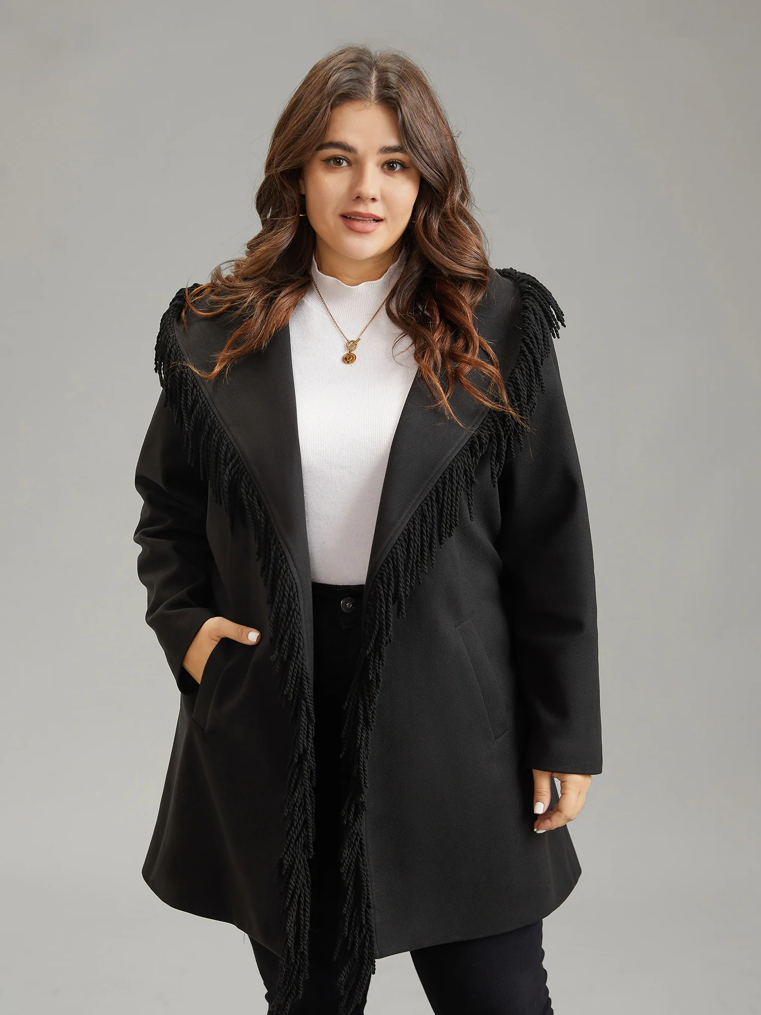 Tassels Trim Plain Lapel Collar Belted Coat - Image 2