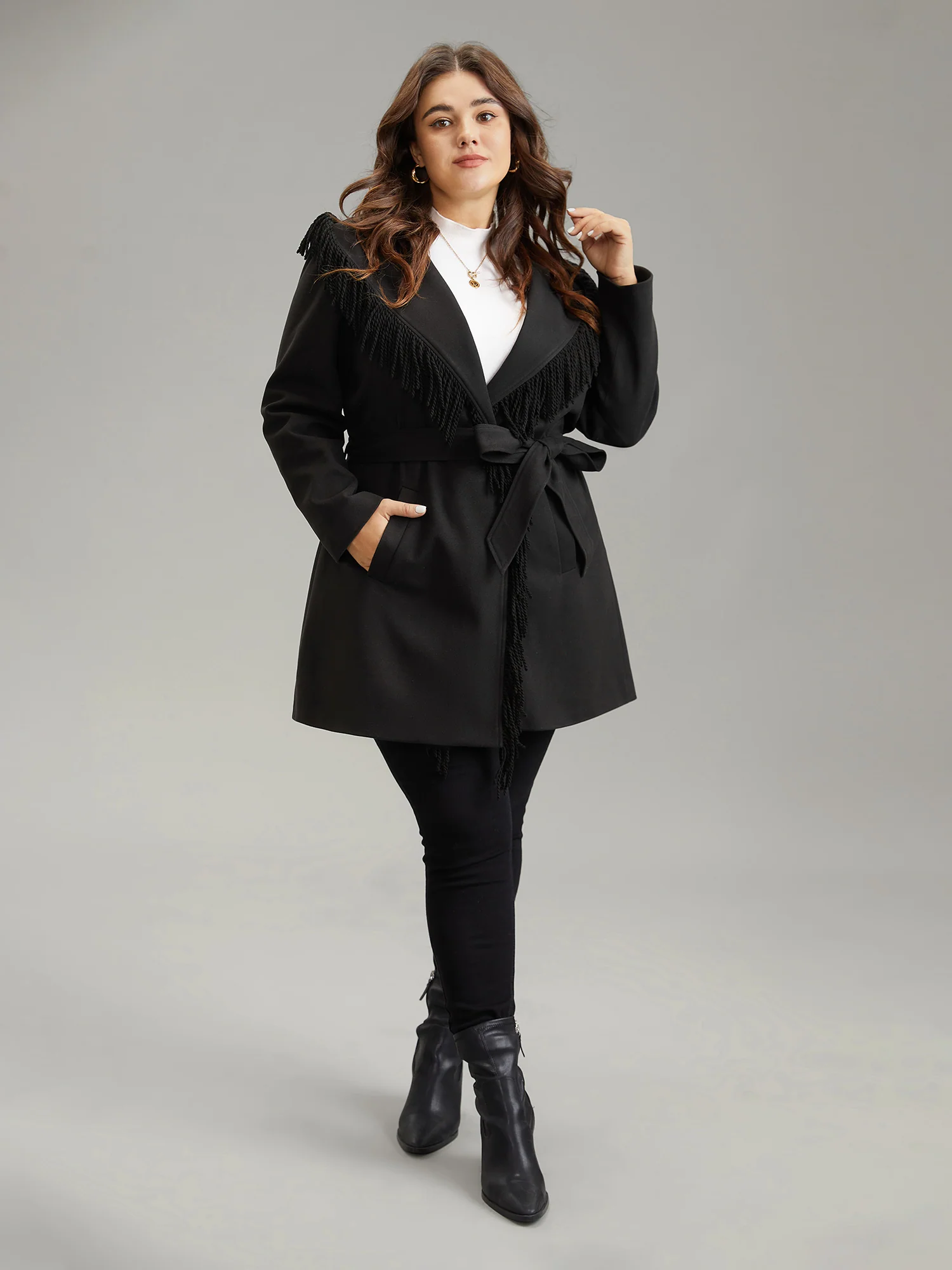 Tassels Trim Plain Lapel Collar Belted Coat - Image 3