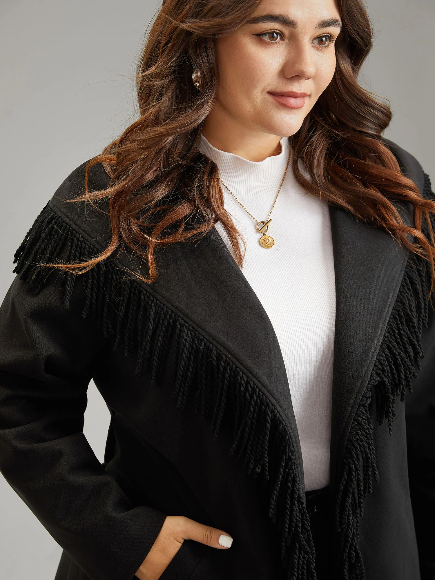 Tassels Trim Plain Lapel Collar Belted Coat - Image 4