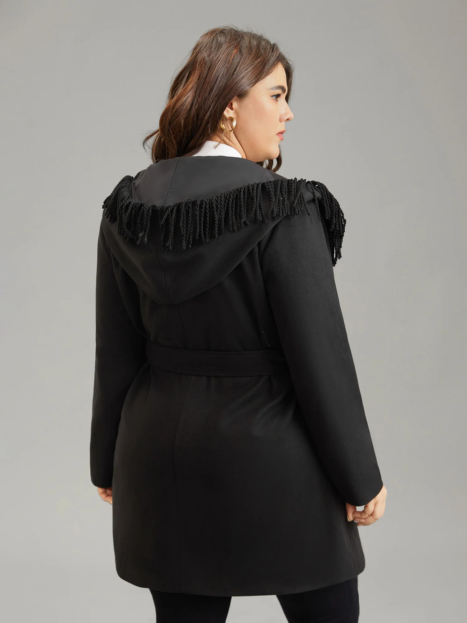 Tassels Trim Plain Lapel Collar Belted Coat - Image 5