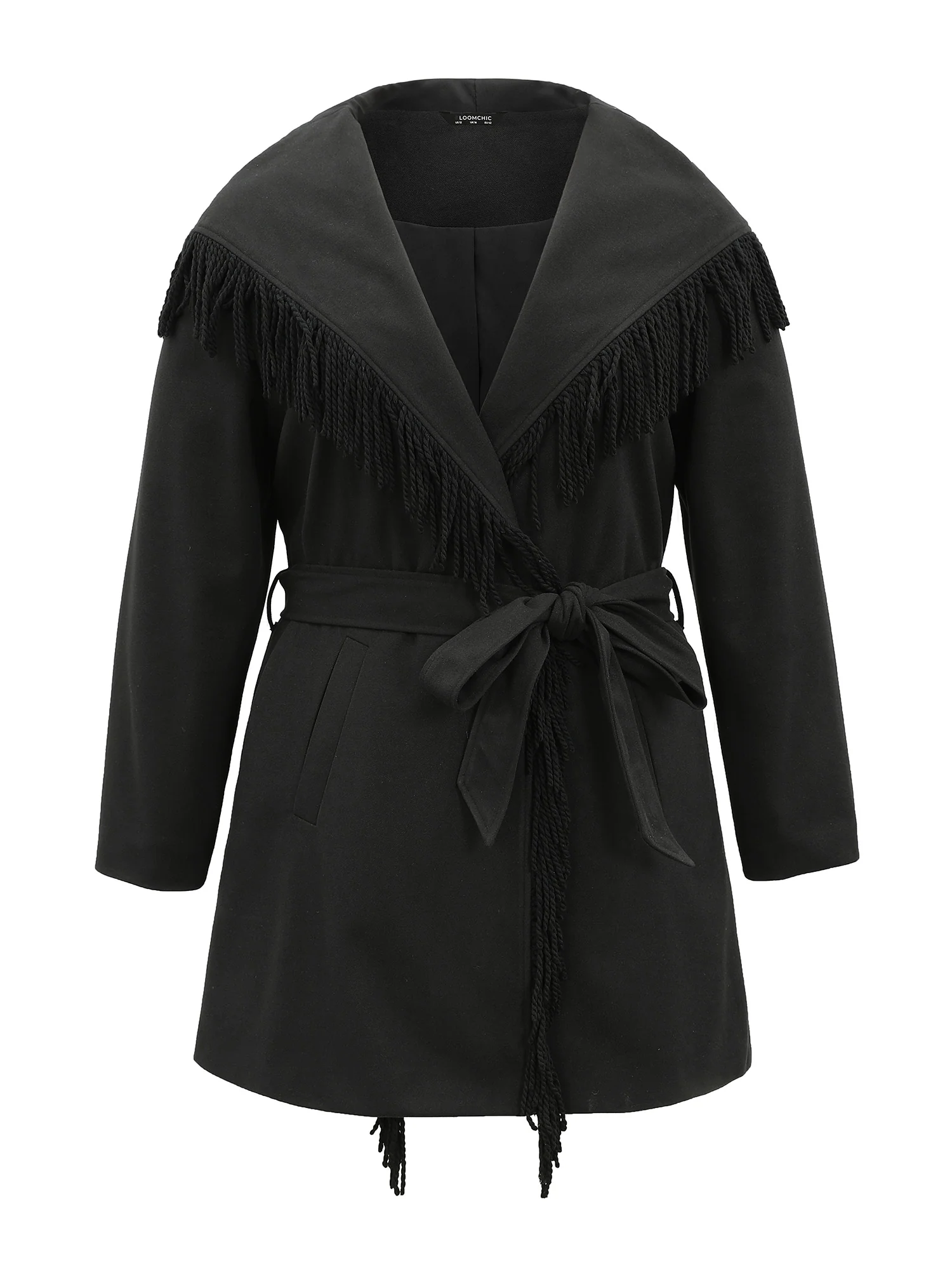 Tassels Trim Plain Lapel Collar Belted Coat - Image 6