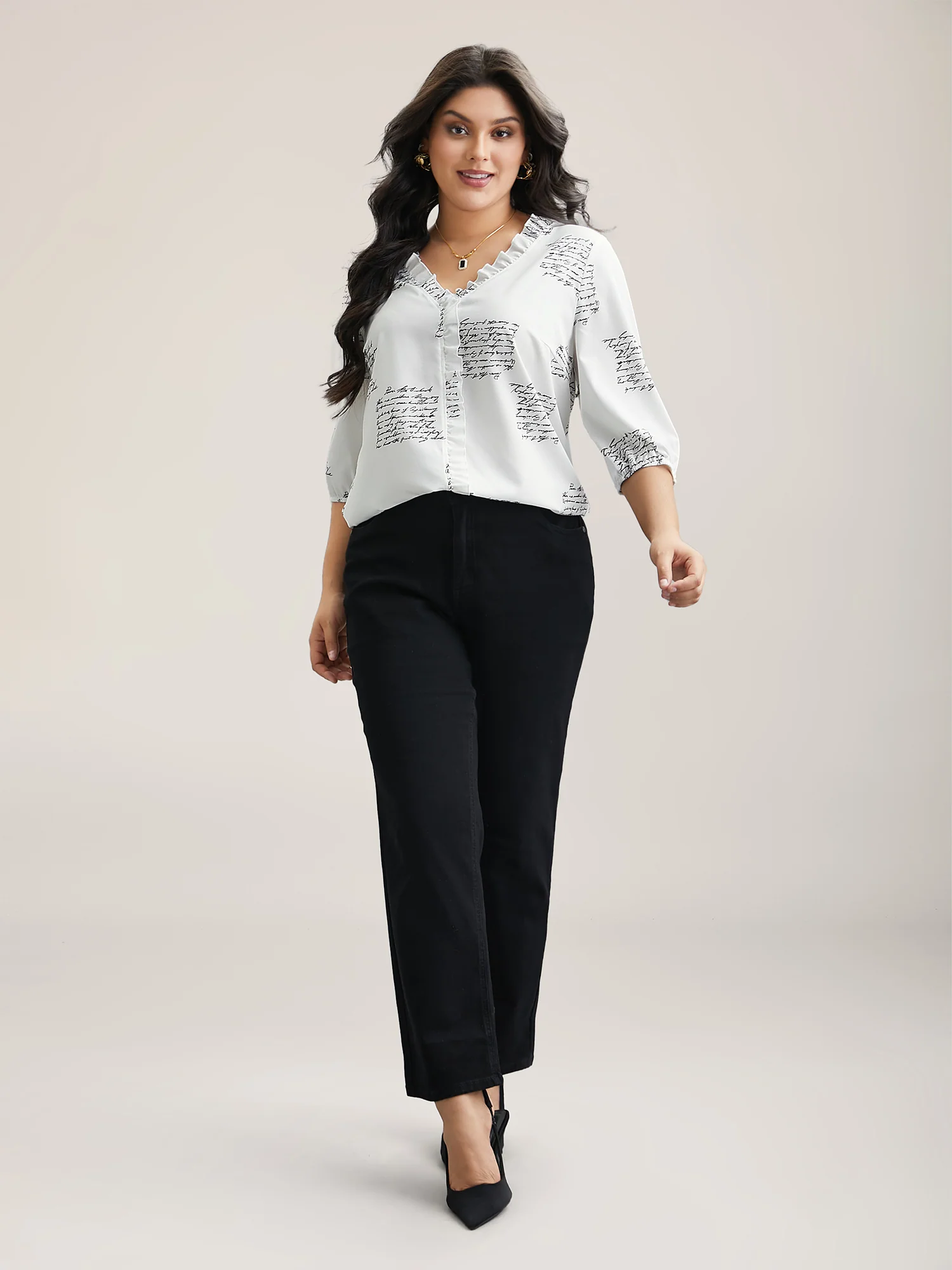 Text Pattern Ruffled Lantern Sleeve Blouse - Image 2