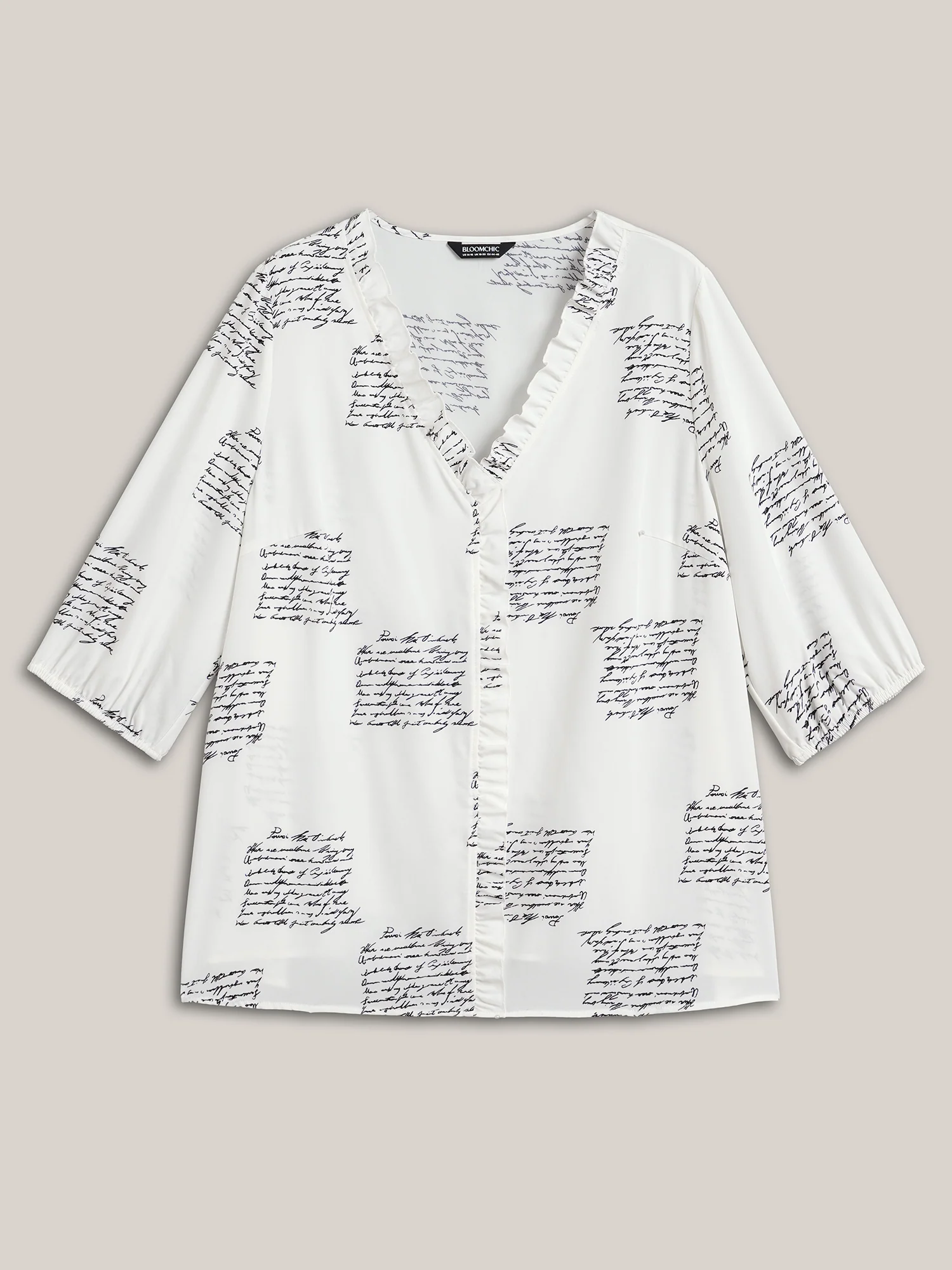 Text Pattern Ruffled Lantern Sleeve Blouse - Image 7
