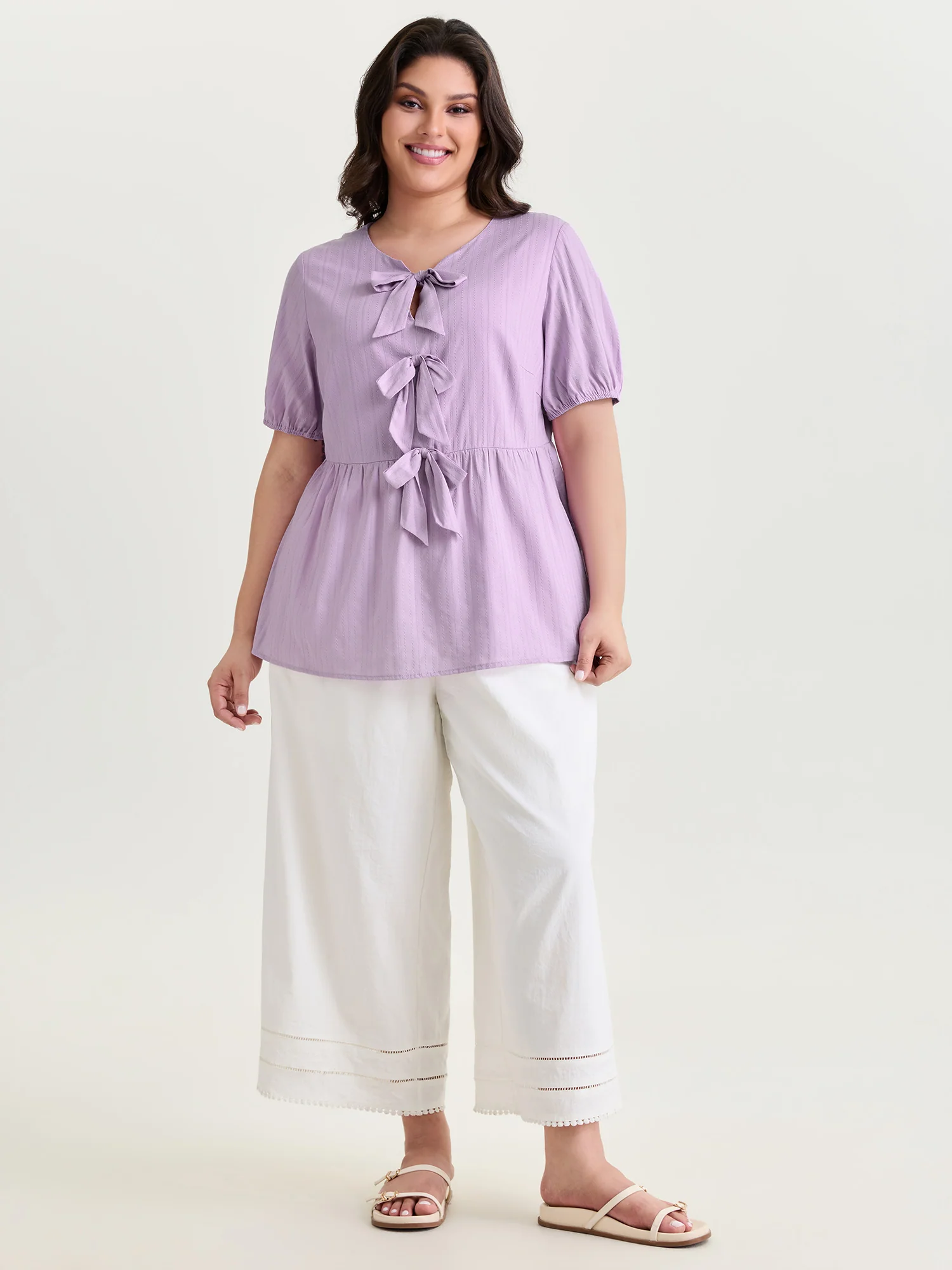 Texture Bow-Front Detail Plain Blouse - Image 3