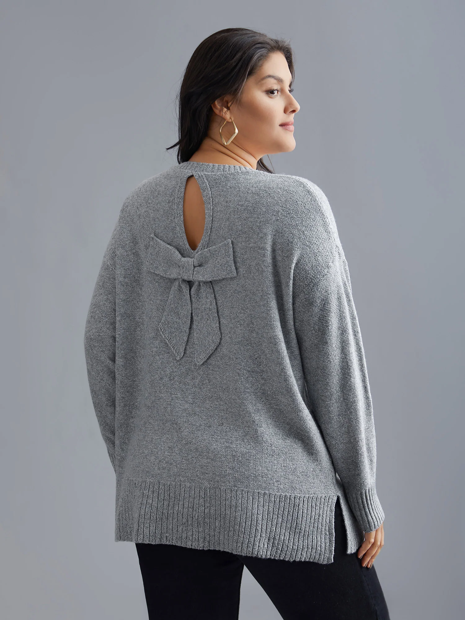 Texture Bowknot Cut Out Slit Hem Pullover - Image 15