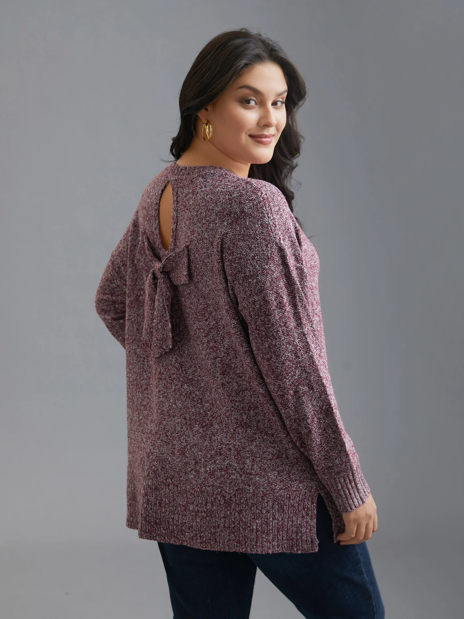 Texture Bowknot Cut Out Slit Hem Pullover - Image 4