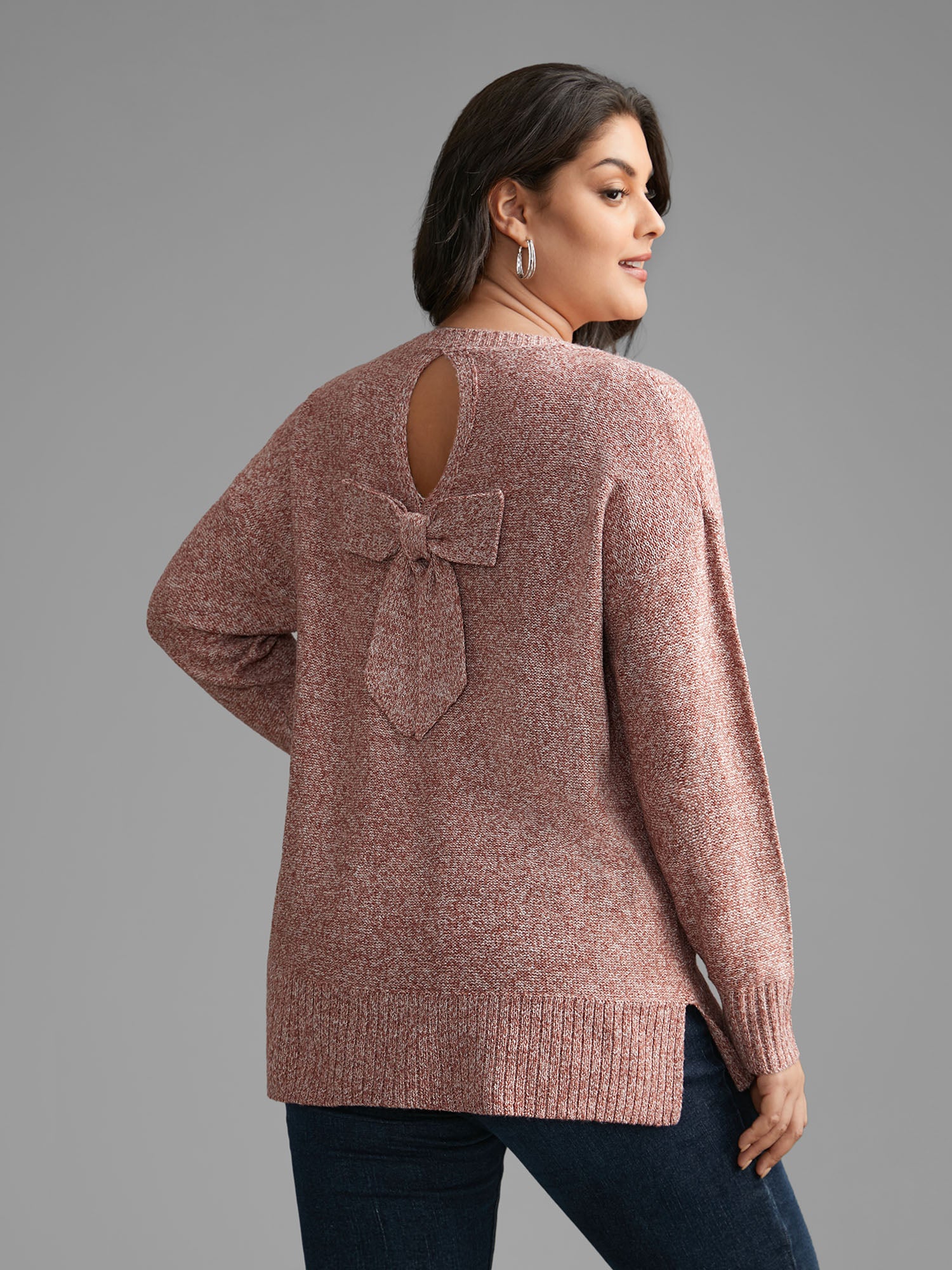 Texture Bowknot Cut Out Slit Hem Pullover - Image 5