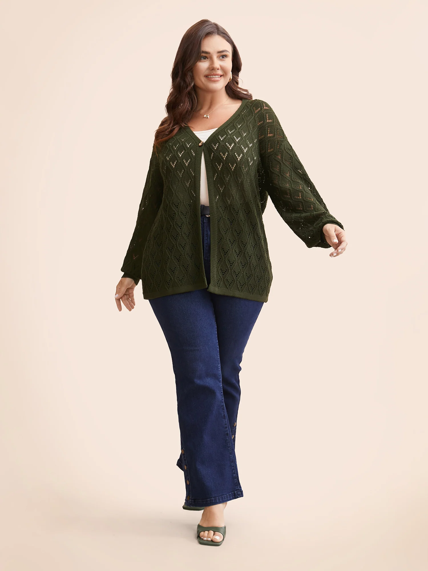 Texture Button Up Hollow Out Cardigan - Image 4