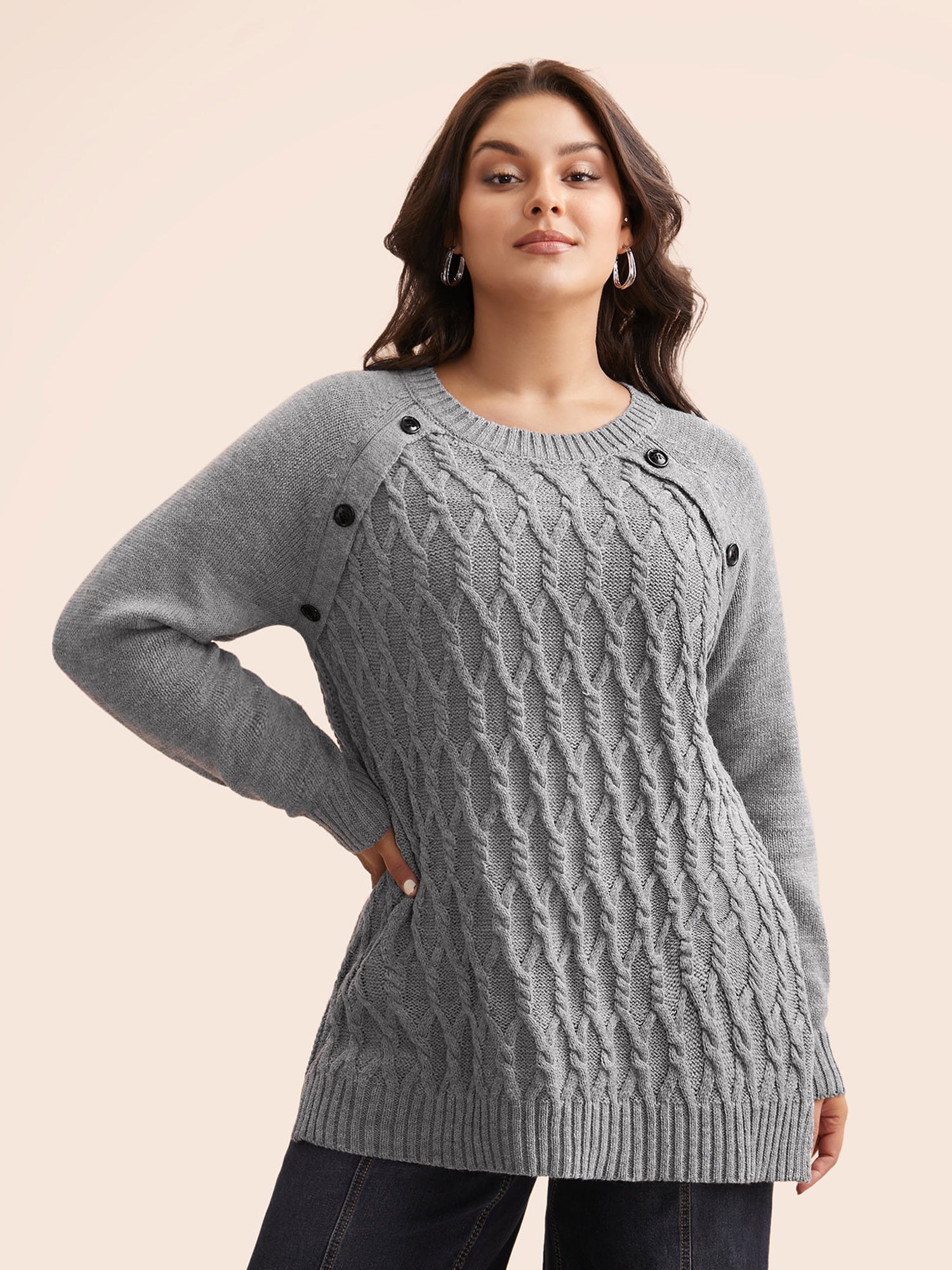 Texture Cable Knit Button Detail Pullover - Image 3