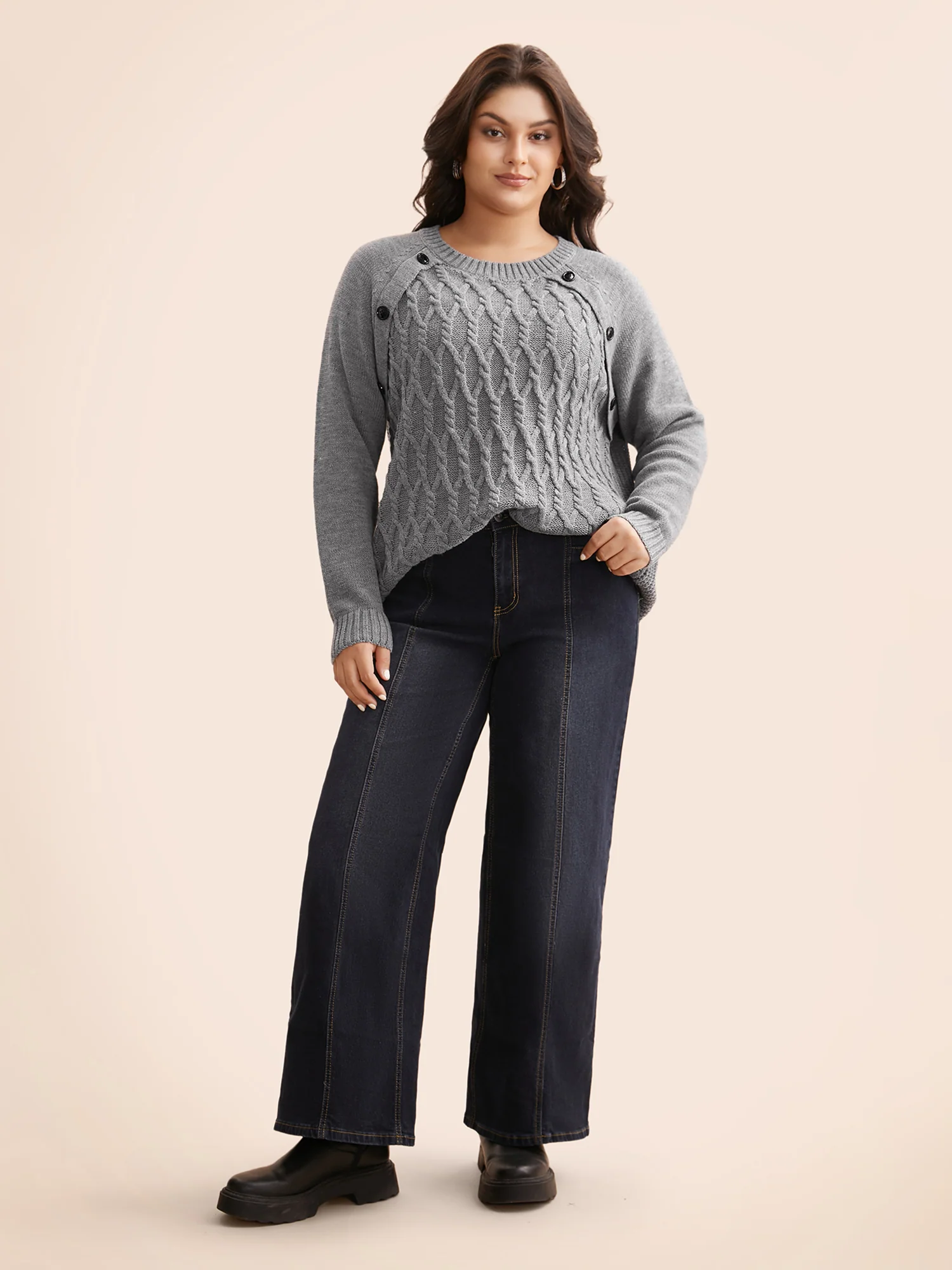 Texture Cable Knit Button Detail Pullover - Image 4