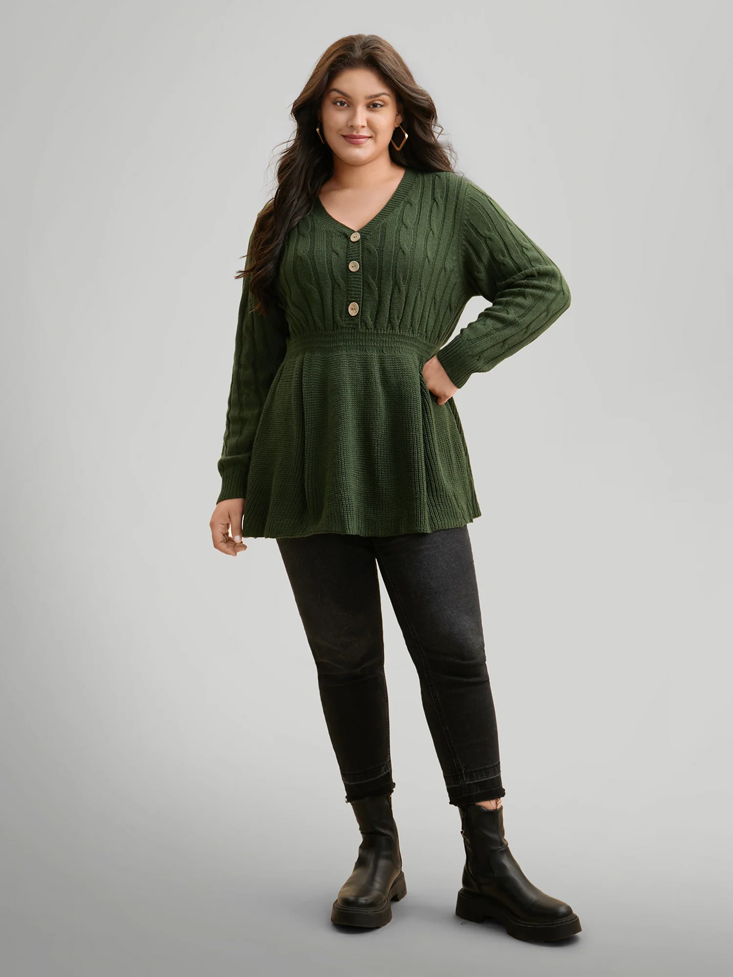 Texture Cable Knit Button Detail Pullover - Image 2