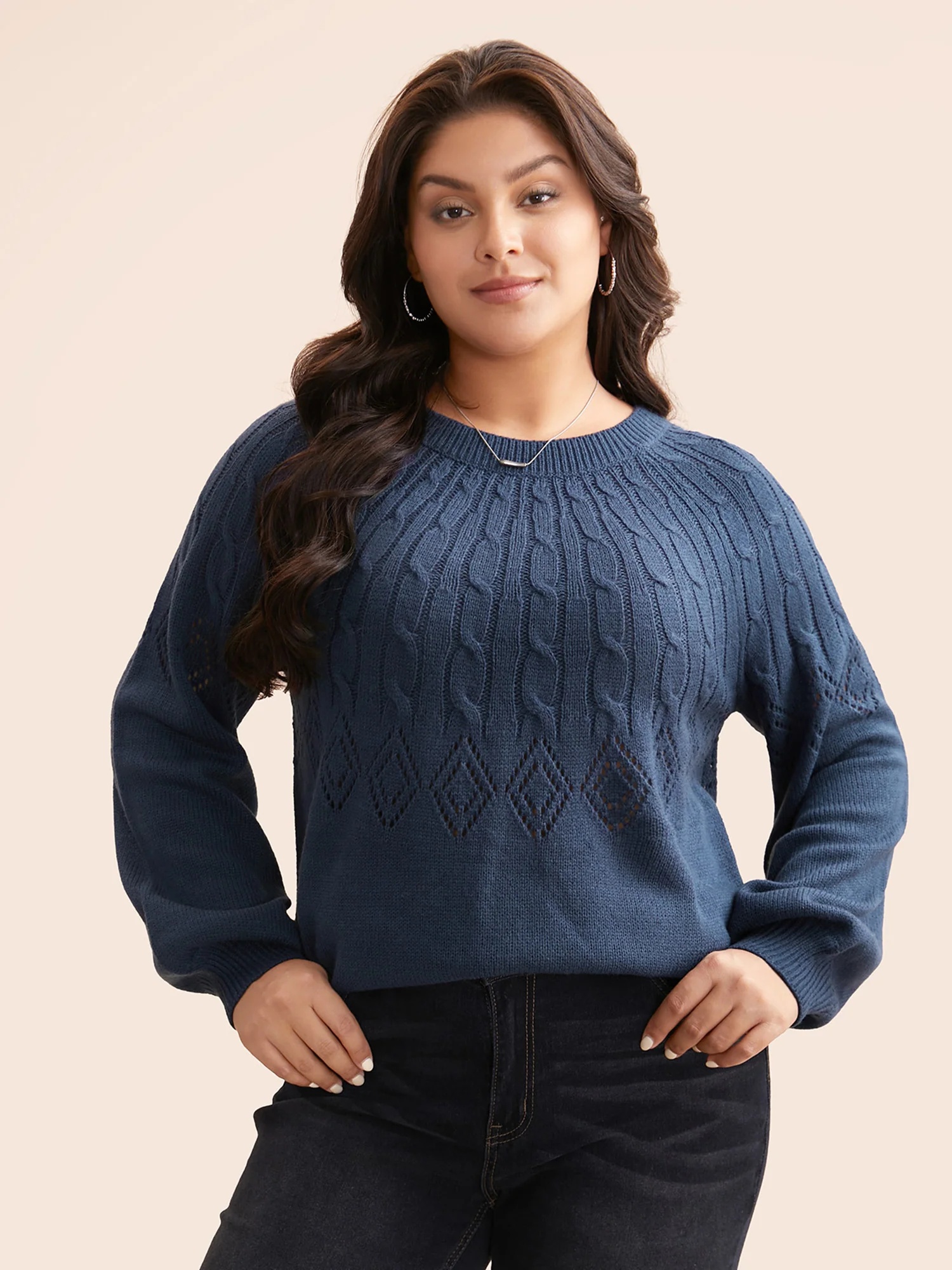 Texture Cable Knit Lantern Sleeve Pullover - Image 2