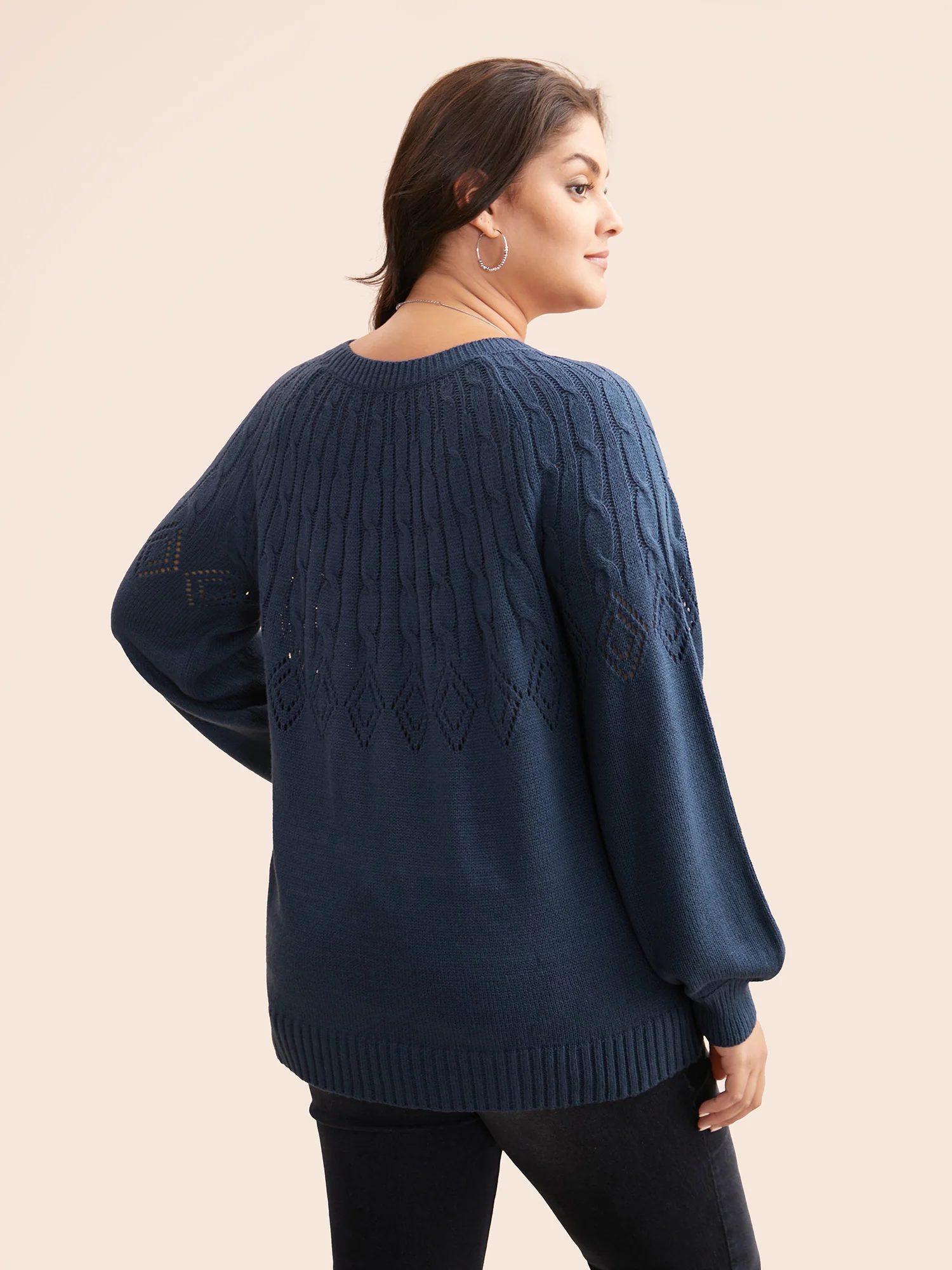 Texture Cable Knit Lantern Sleeve Pullover - Image 3