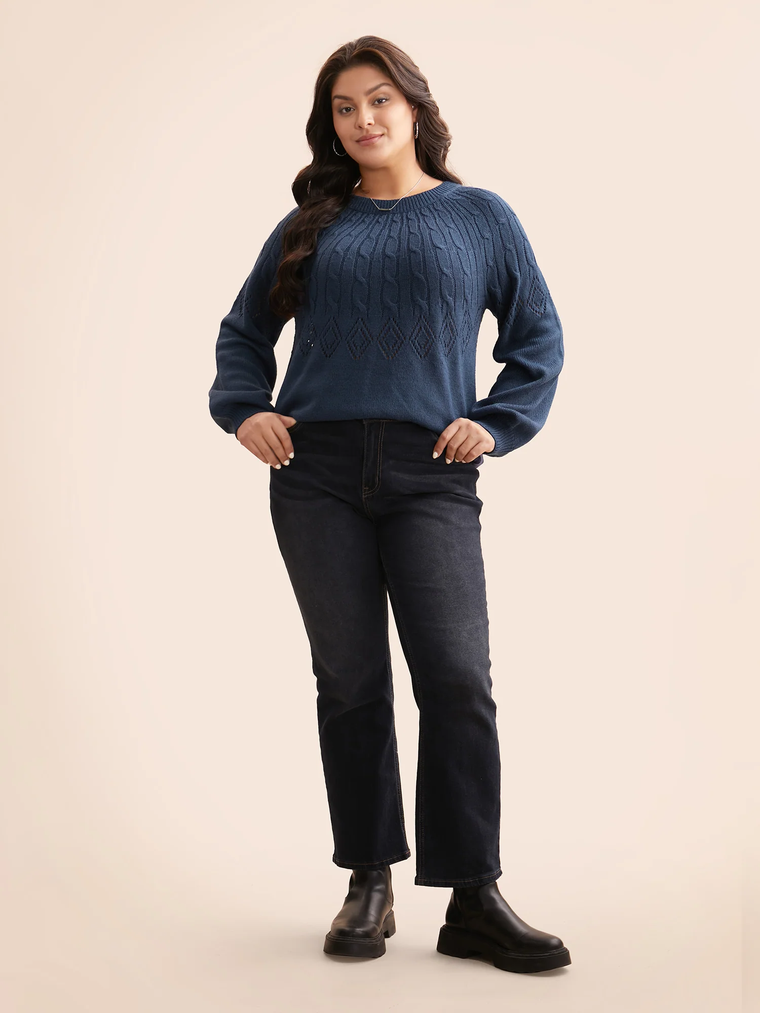 Texture Cable Knit Lantern Sleeve Pullover - Image 4