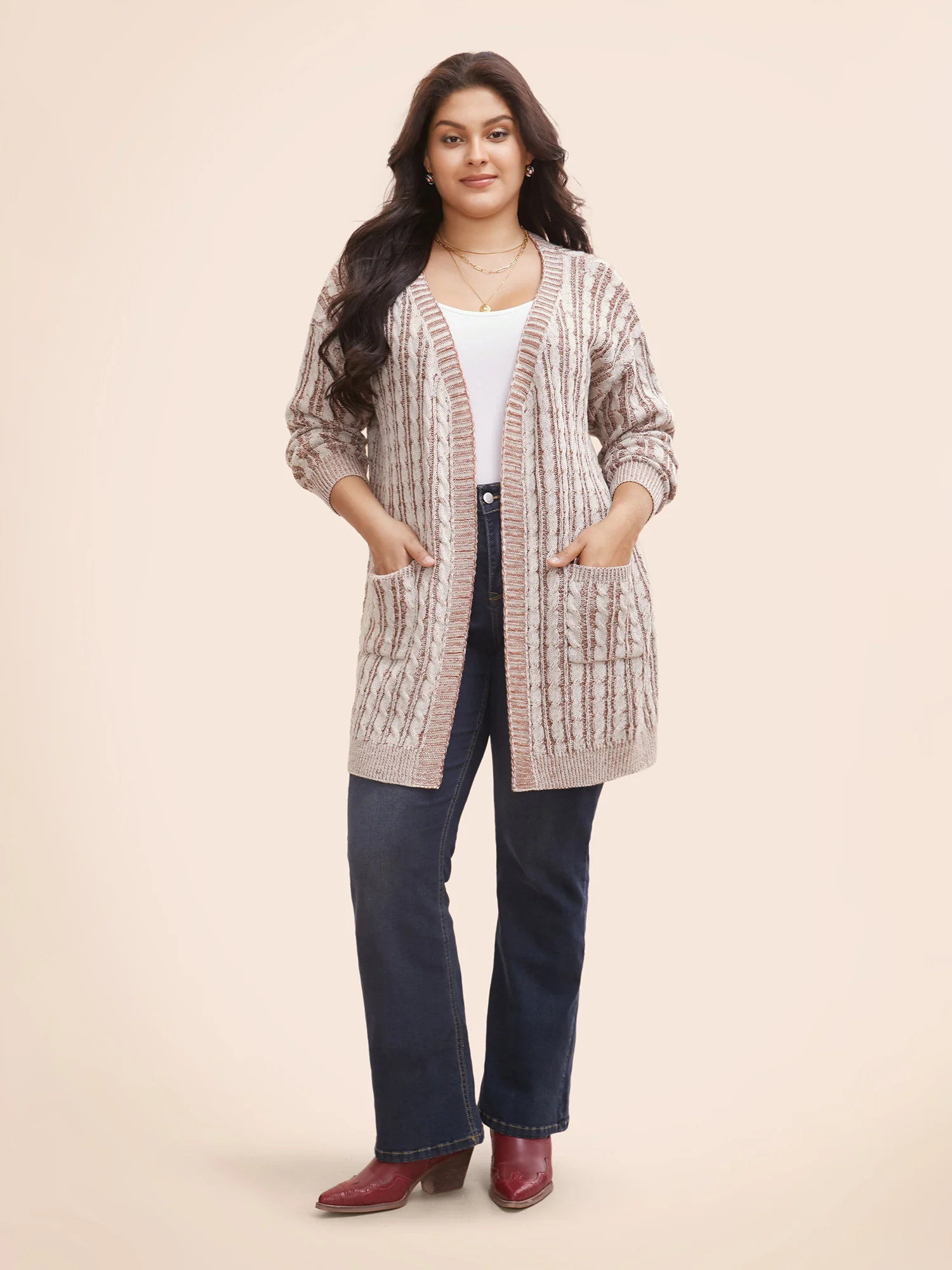 Texture Cable Knit Patch Pocket Cardigan - Image 3