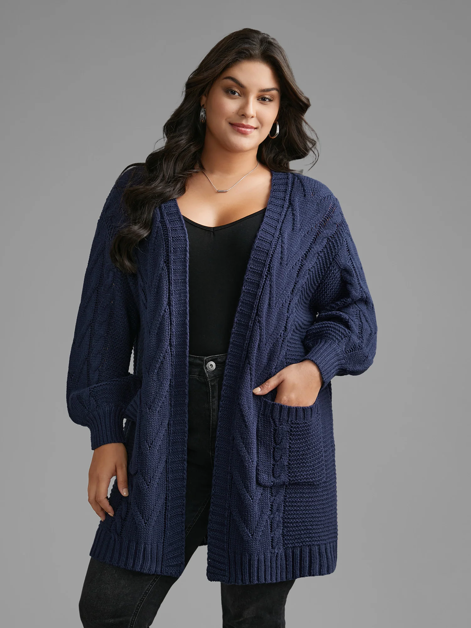 Texture Cable Knit Patched Pocket Cardigan - Image 3