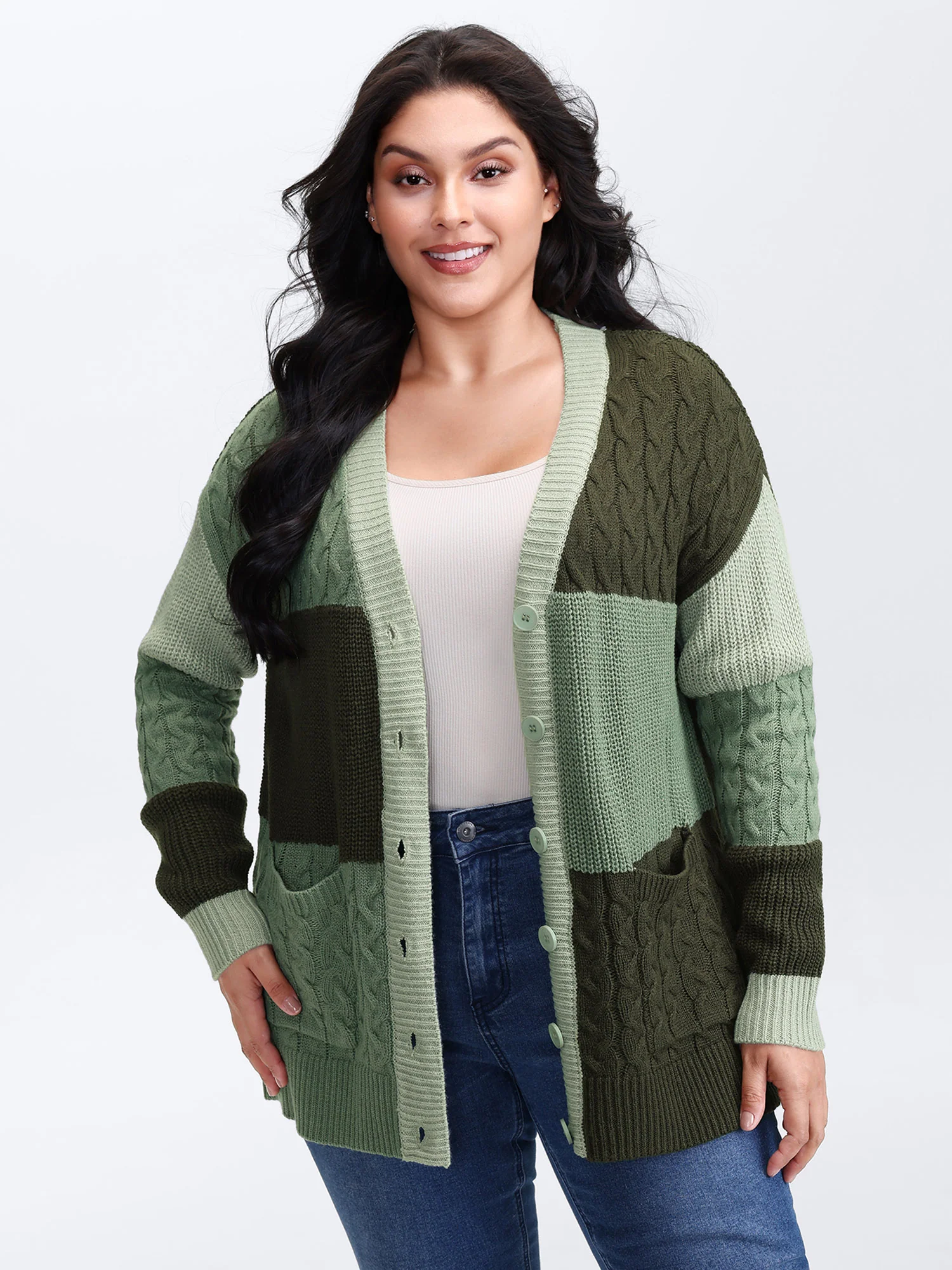Texture Colorblock Contrast Knit Cardigan - Image 2