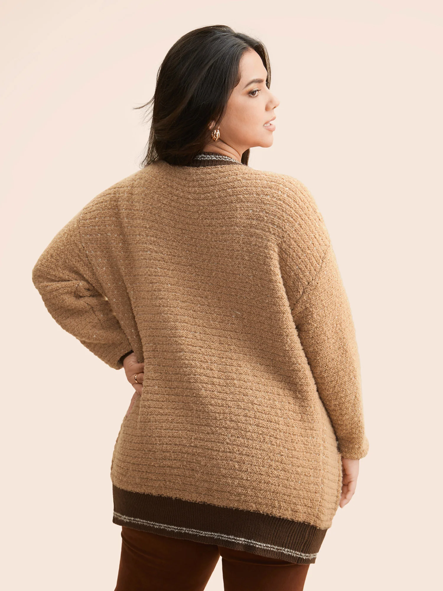 Texture Contrast Drop Shoulder Sleeve Cardigan - Image 2