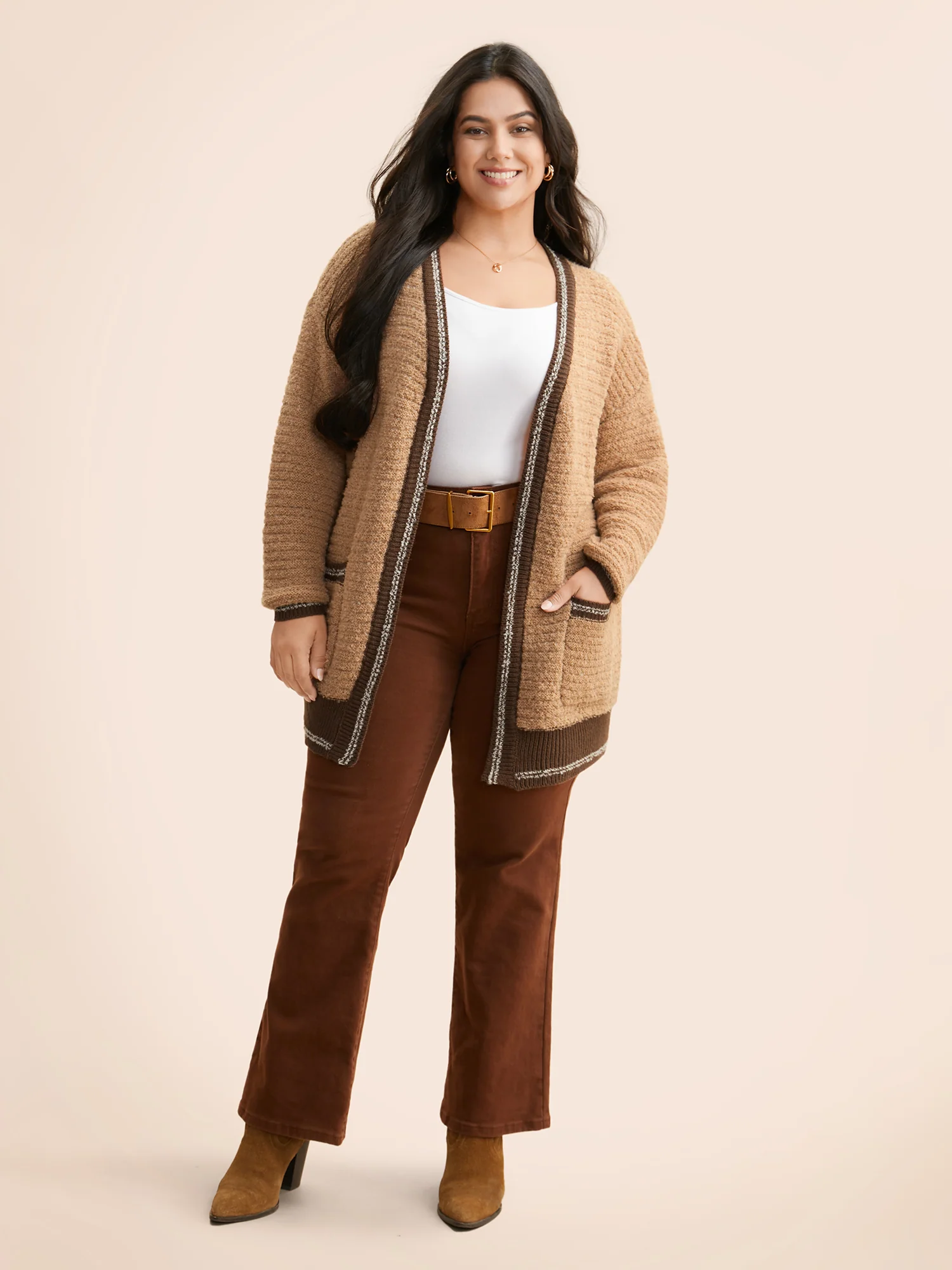 Texture Contrast Drop Shoulder Sleeve Cardigan - Image 3