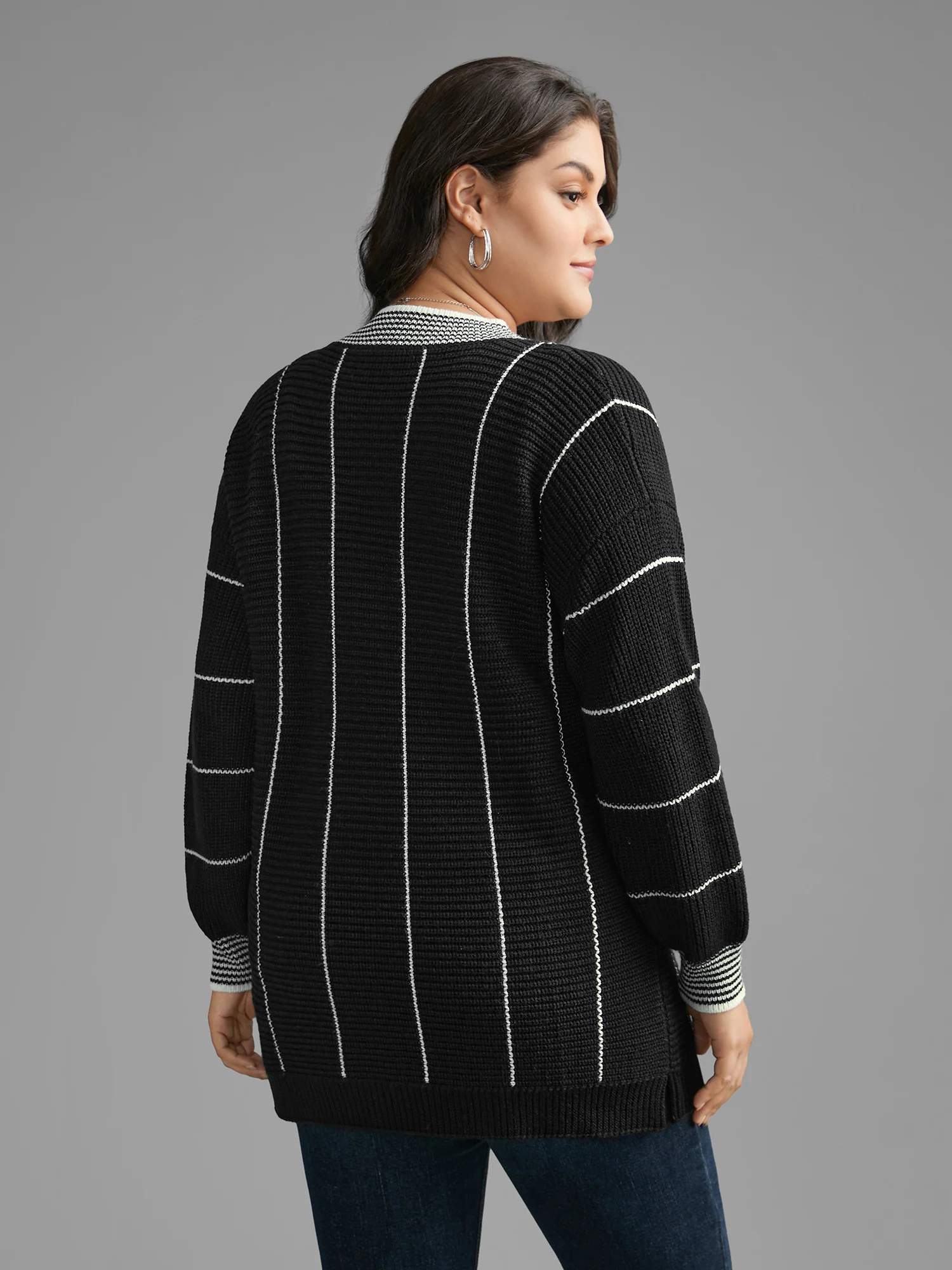 Texture Contrast Striped Lantern Sleeve Pullover - Image 2