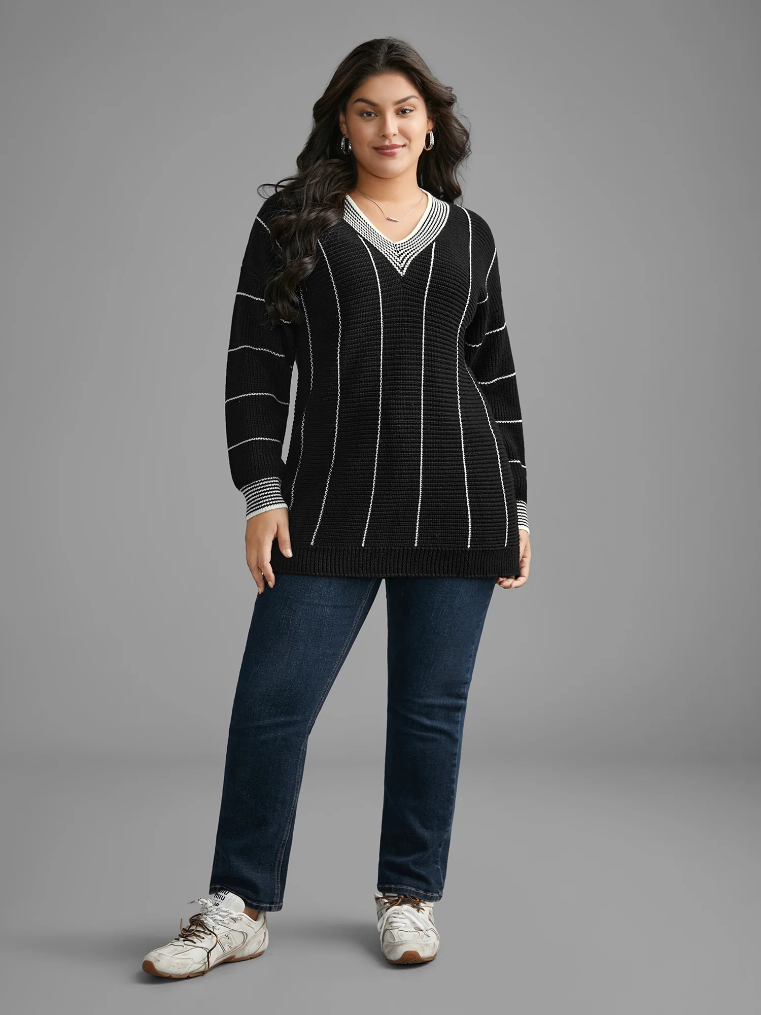 Texture Contrast Striped Lantern Sleeve Pullover - Image 3