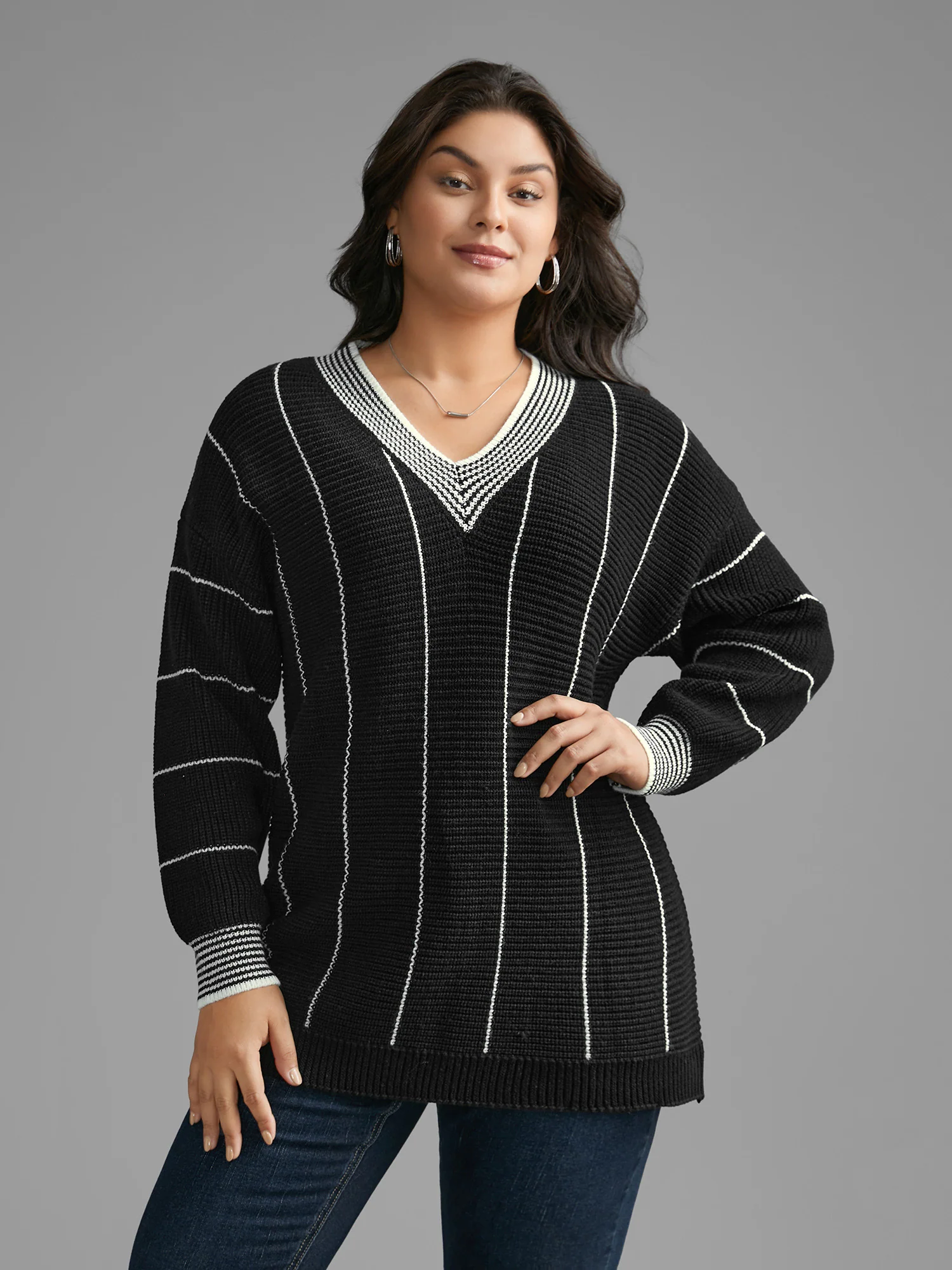 Texture Contrast Striped Lantern Sleeve Pullover - Image 4