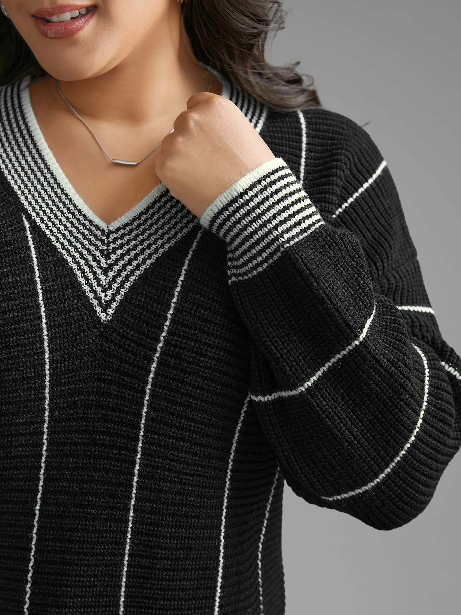 Texture Contrast Striped Lantern Sleeve Pullover - Image 5