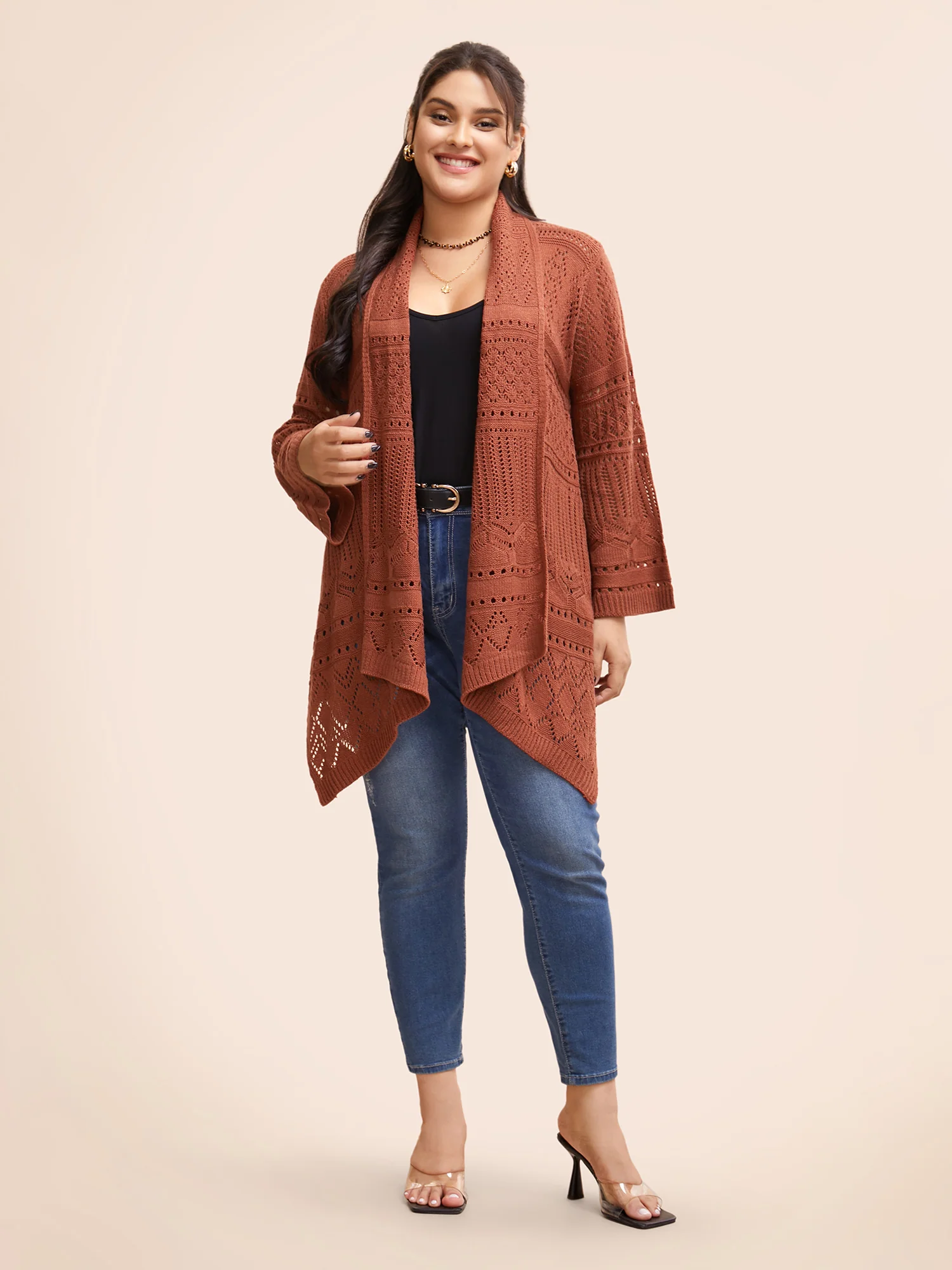 Texture Cut Out Bell Sleeve Cardigan - Image 3