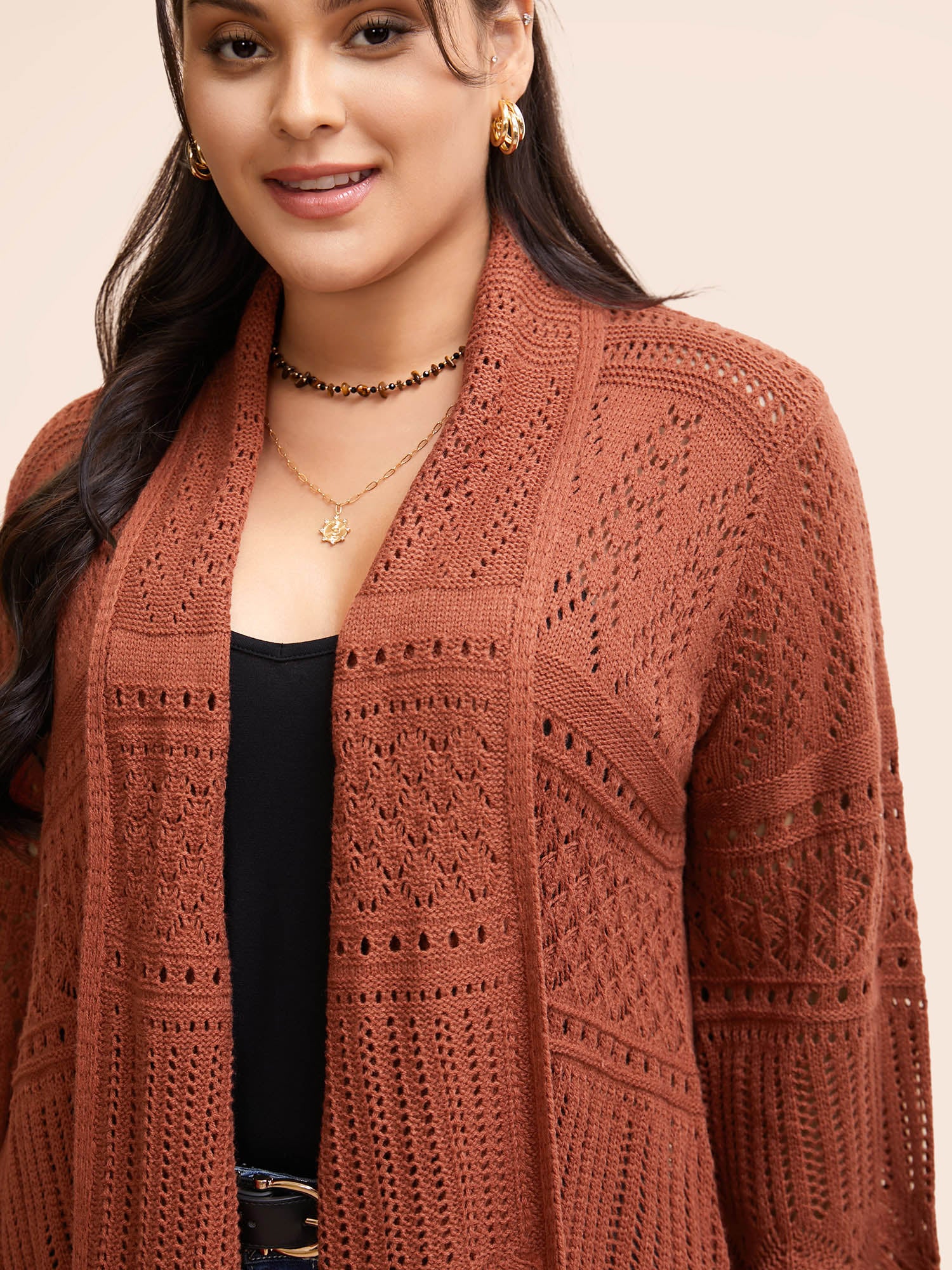Texture Cut Out Bell Sleeve Cardigan - Image 4