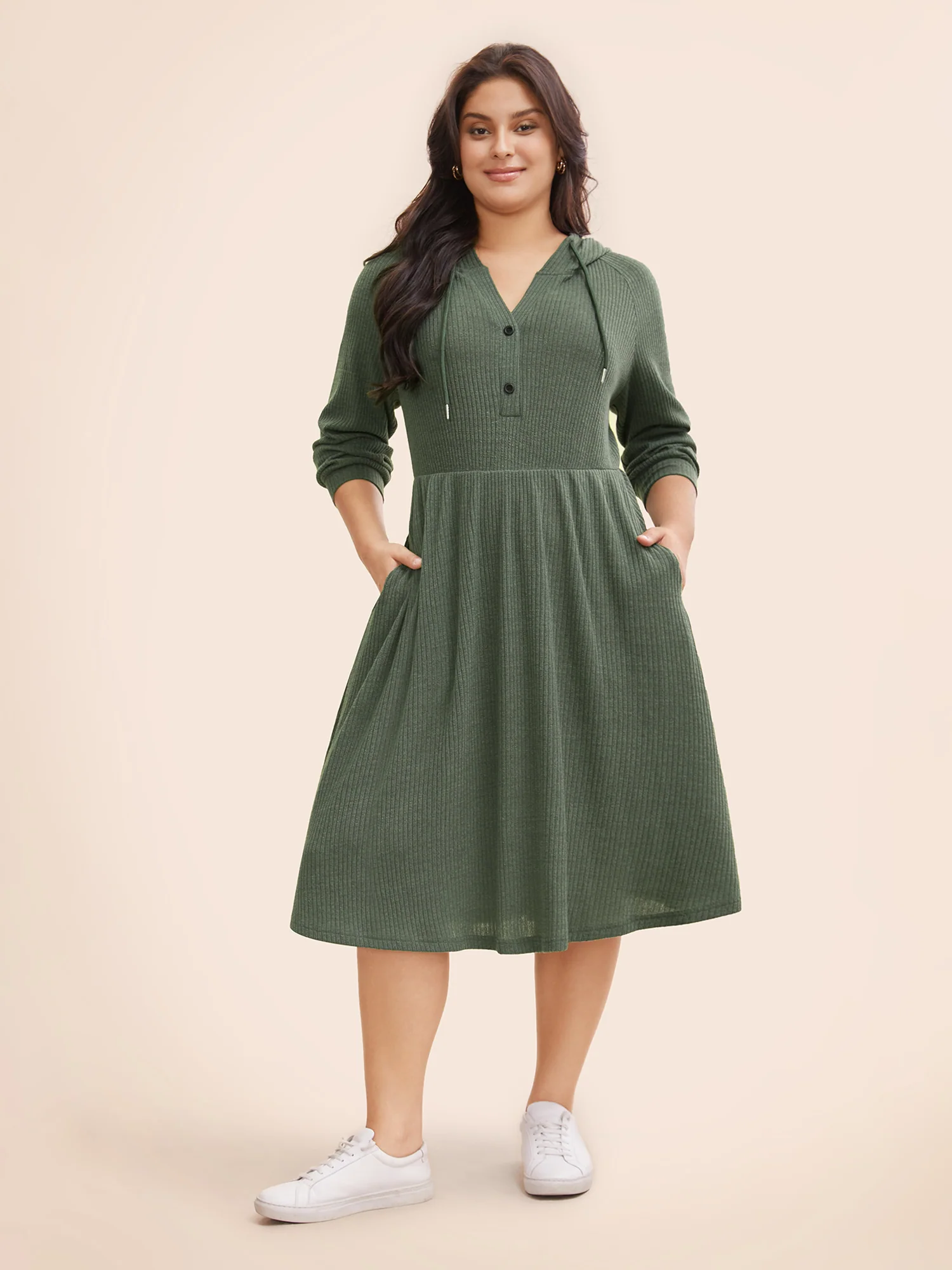 Texture Drawstring Hooded Pocket Dress - Image 2