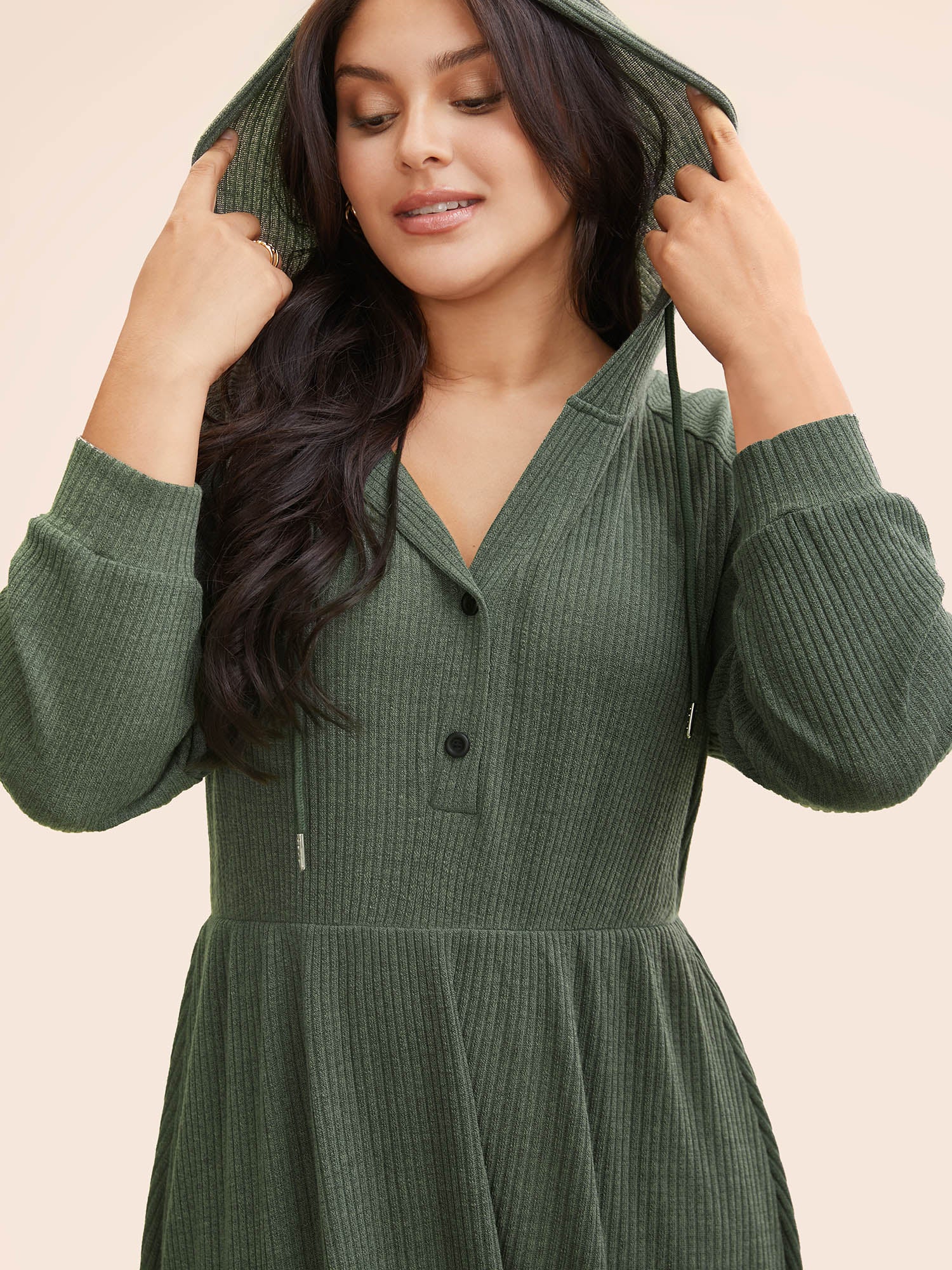 Texture Drawstring Hooded Pocket Dress - Image 4