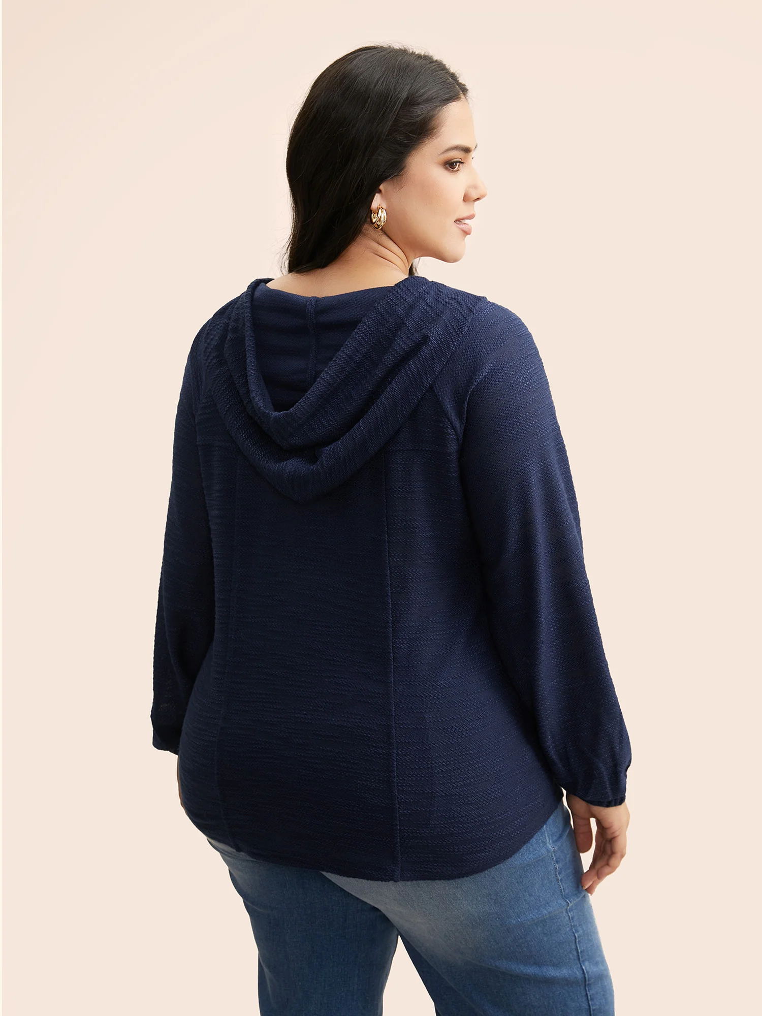 Texture Drawstring Pocket Hooded Sweatshirt - Image 2