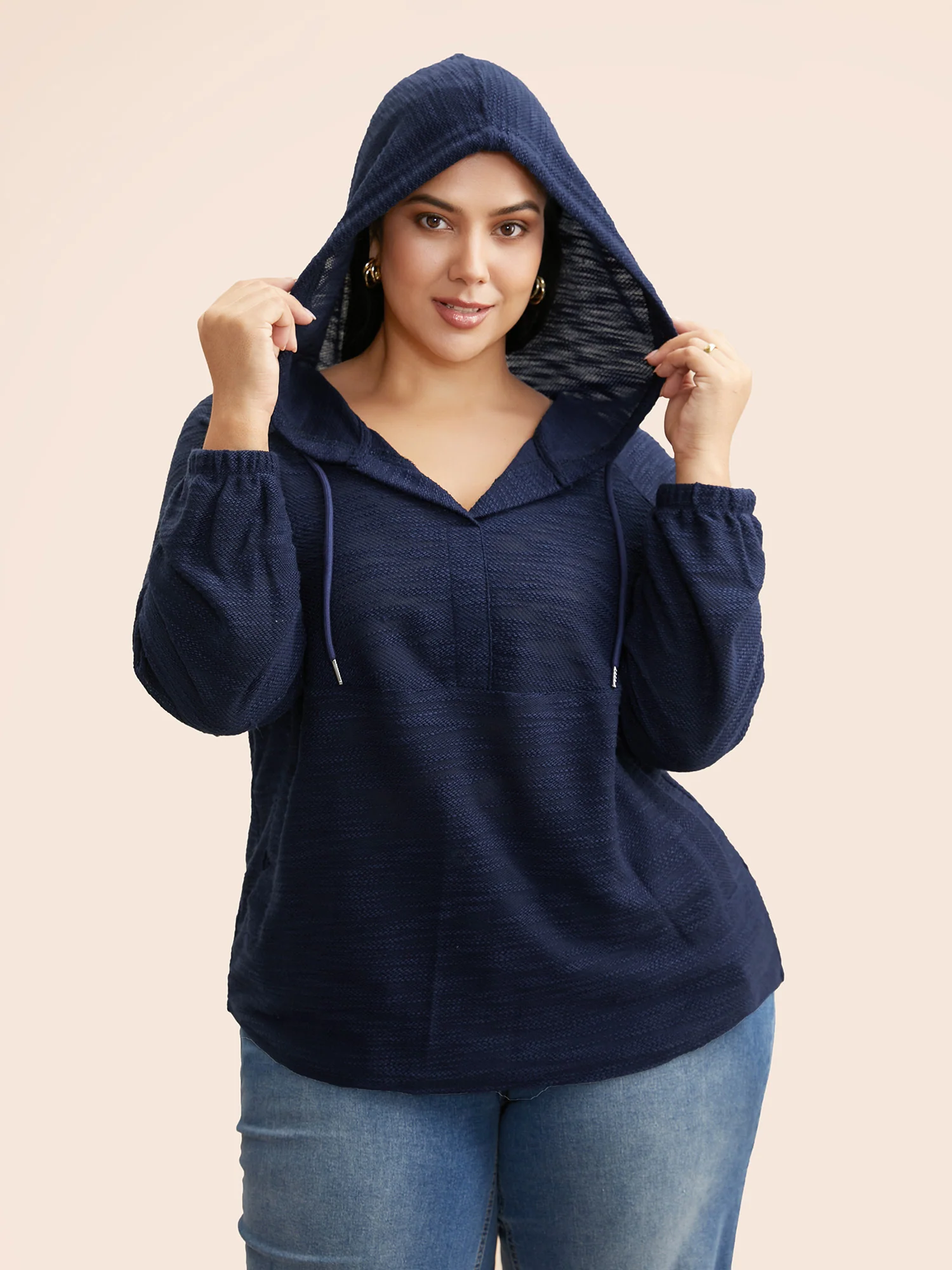 Texture Drawstring Pocket Hooded Sweatshirt - Image 3