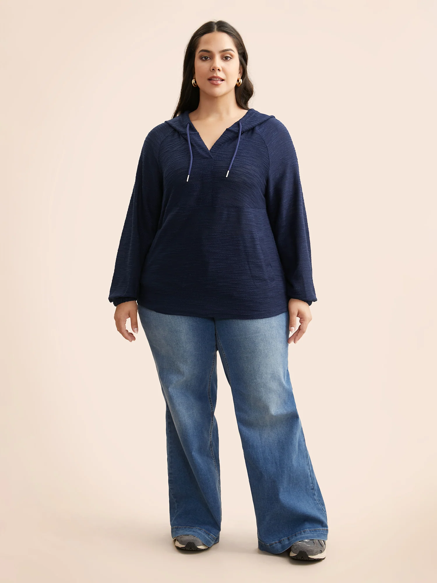 Texture Drawstring Pocket Hooded Sweatshirt - Image 4