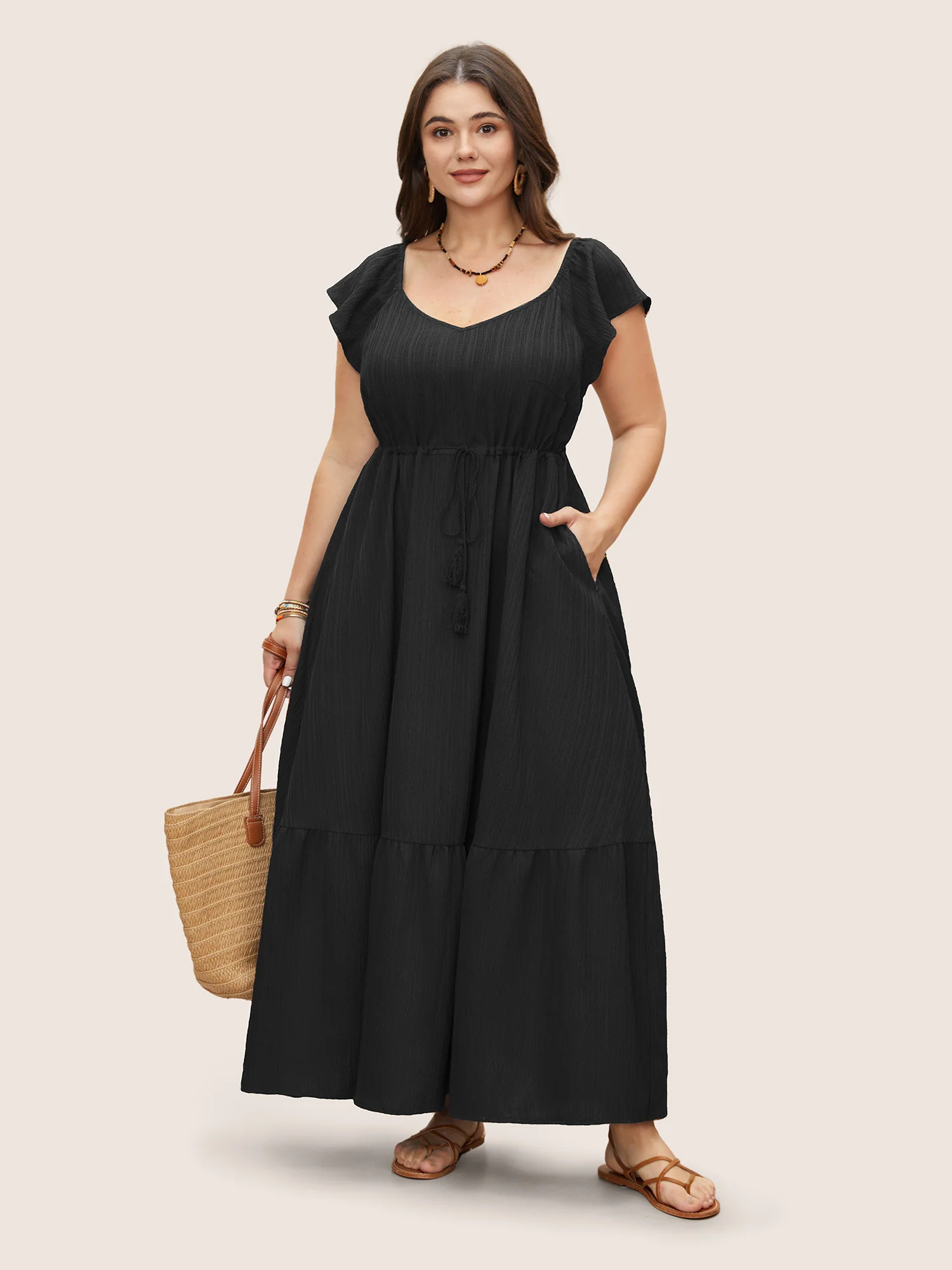 Texture Drawstring Tie Knot Tassels Dress - Image 13