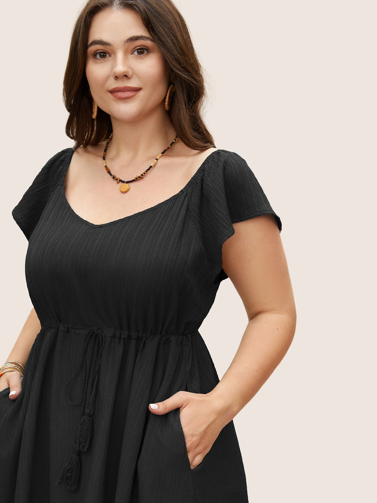 Texture Drawstring Tie Knot Tassels Dress - Image 14