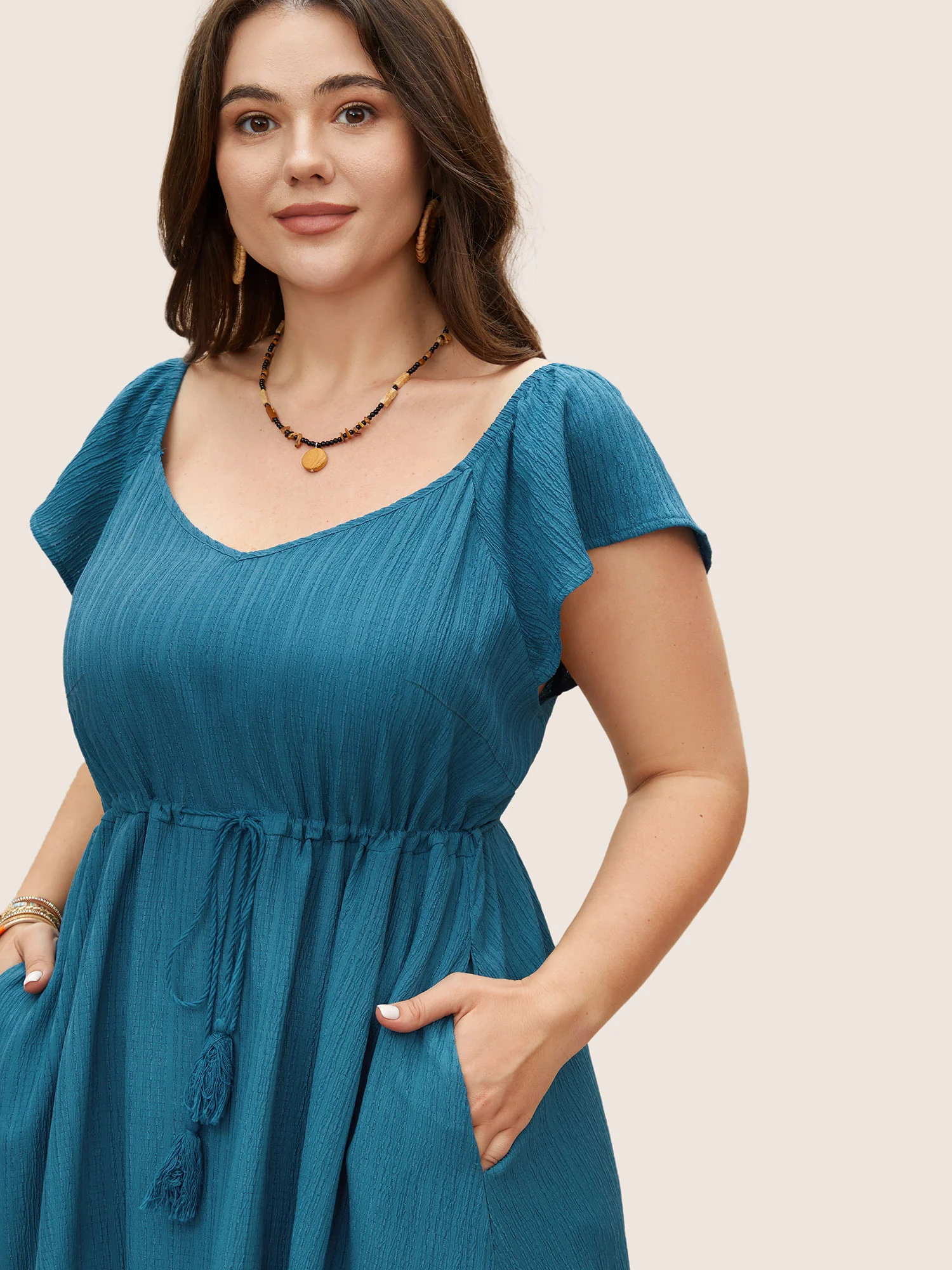 Texture Drawstring Tie Knot Tassels Dress - Image 3