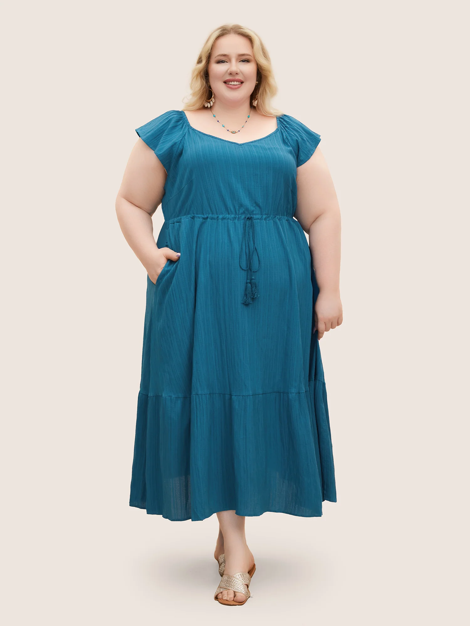 Texture Drawstring Tie Knot Tassels Dress - Image 5