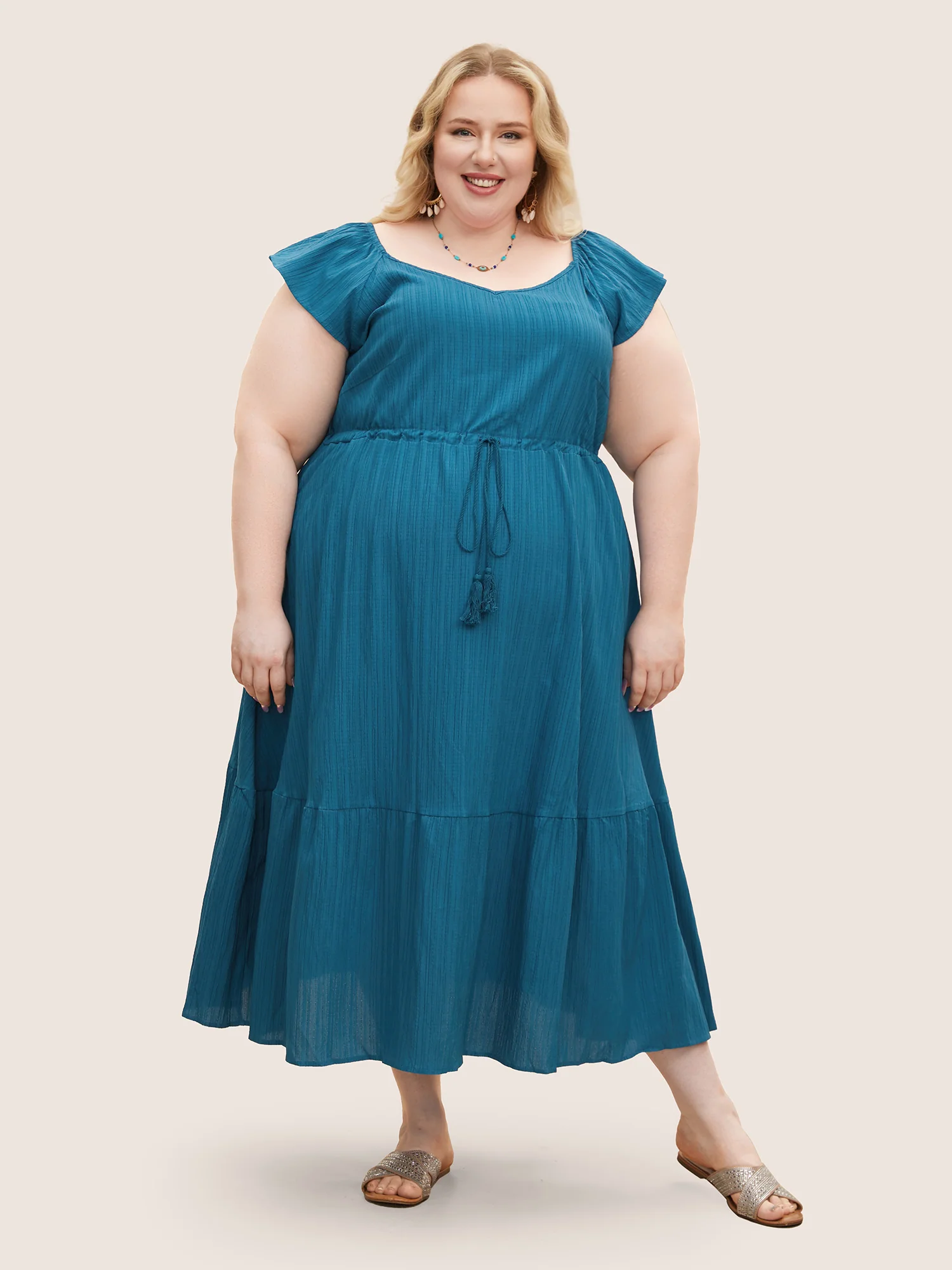 Texture Drawstring Tie Knot Tassels Dress - Image 6