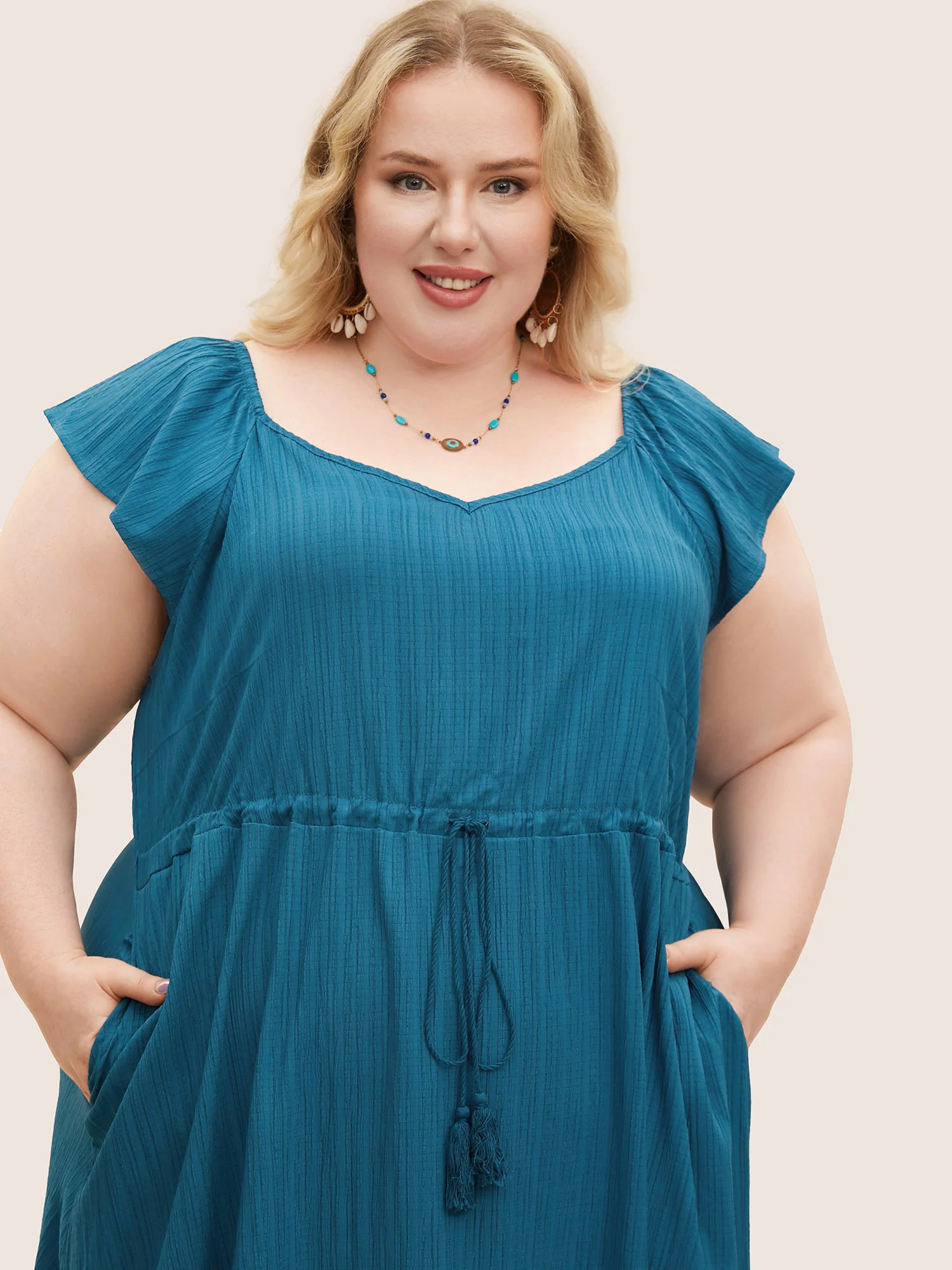 Texture Drawstring Tie Knot Tassels Dress - Image 7