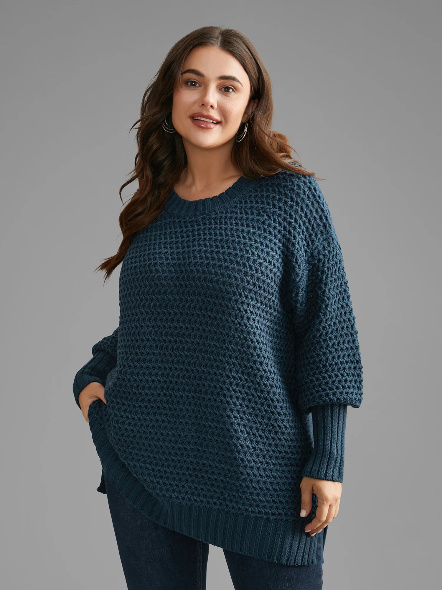 Texture Drop Shoulder Split Hem Pullover - Image 3