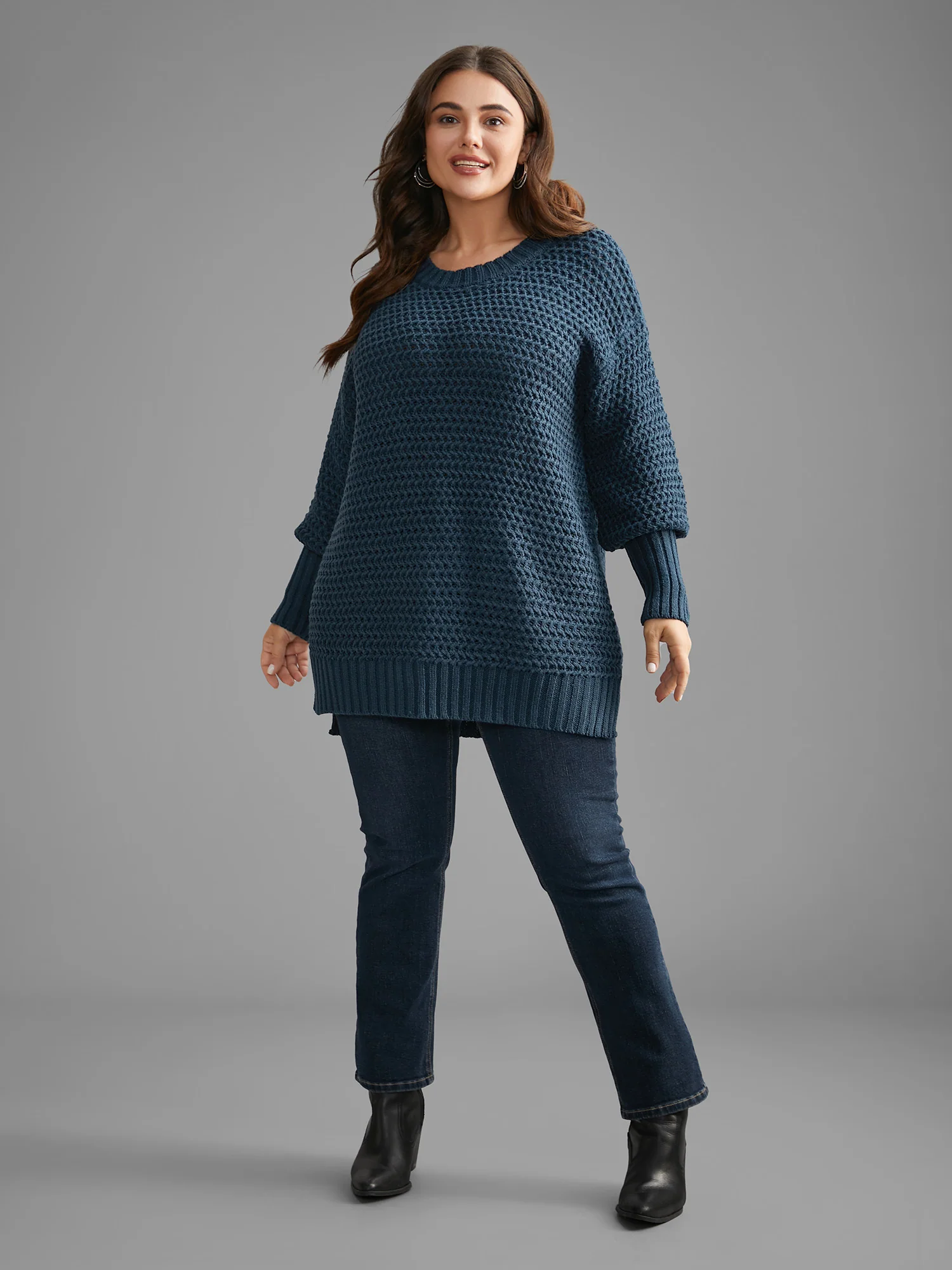 Texture Drop Shoulder Split Hem Pullover - Image 4