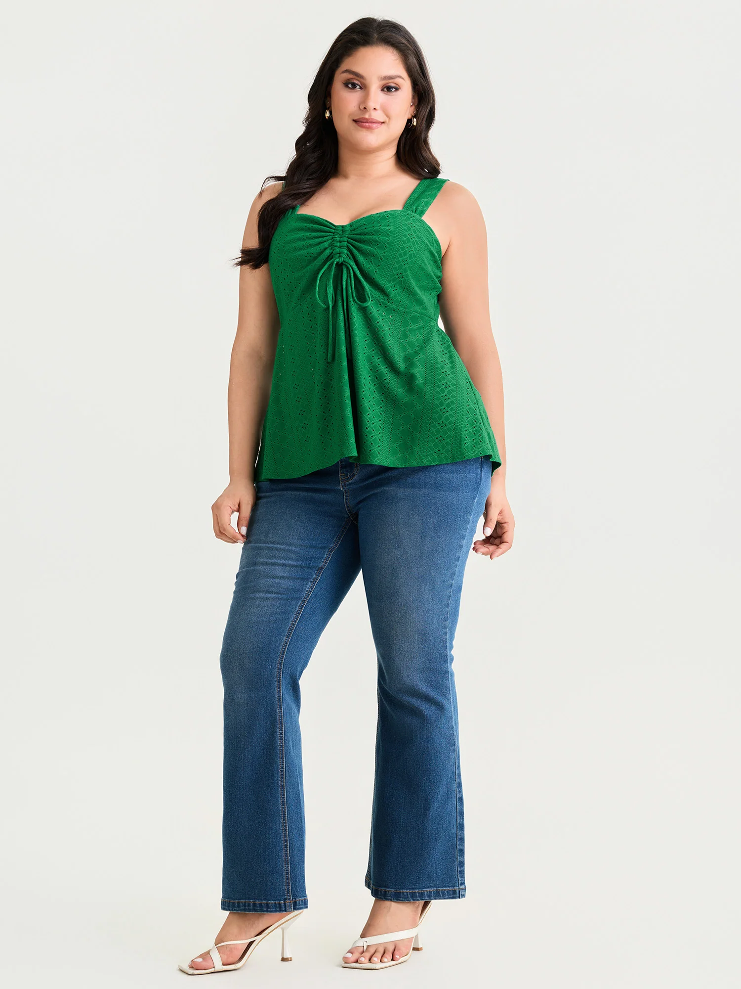 Texture Eyelet Sweetheart Neck Drawstring Tank Top - Image 3