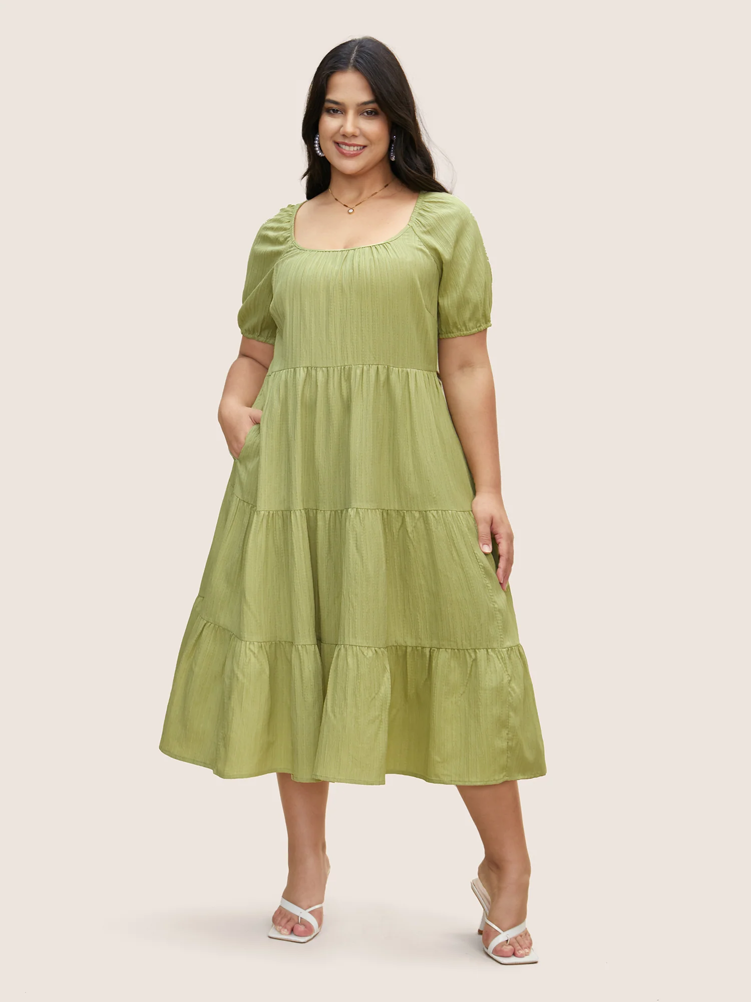 Texture Gathered Ruffle Layered Hem Midi Dress - Image 2