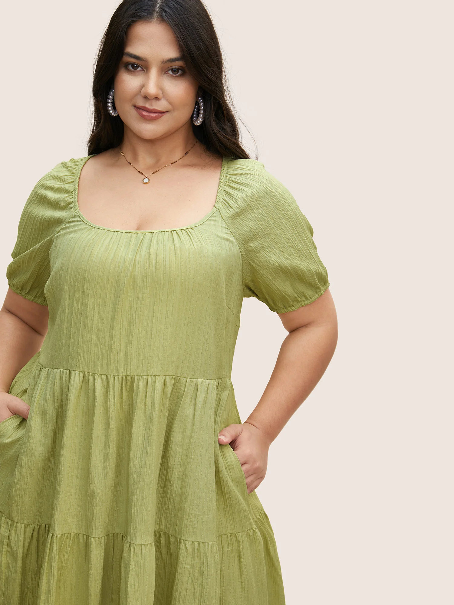 Texture Gathered Ruffle Layered Hem Midi Dress - Image 4