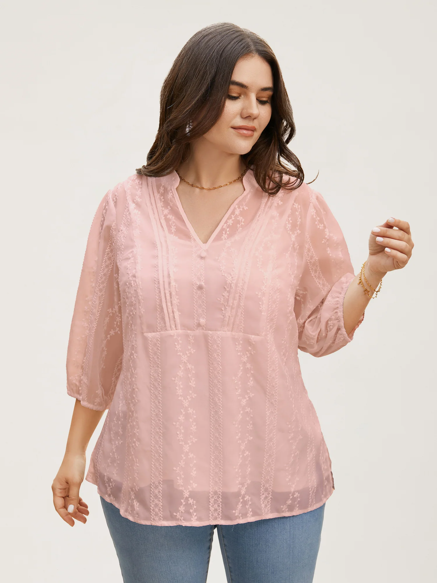 Texture Mesh Button Detail Tucked Seam Blouse - Image 10