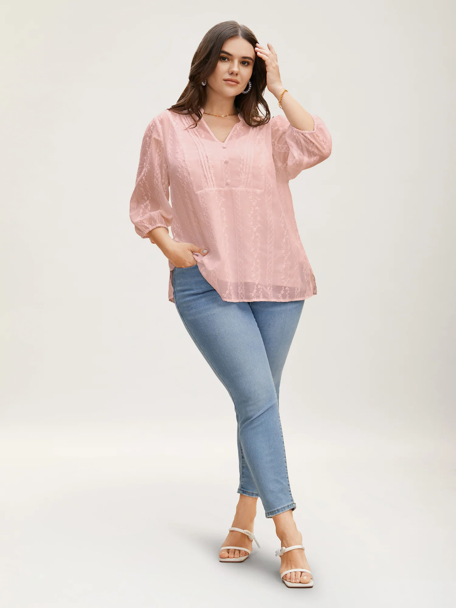 Texture Mesh Button Detail Tucked Seam Blouse - Image 11