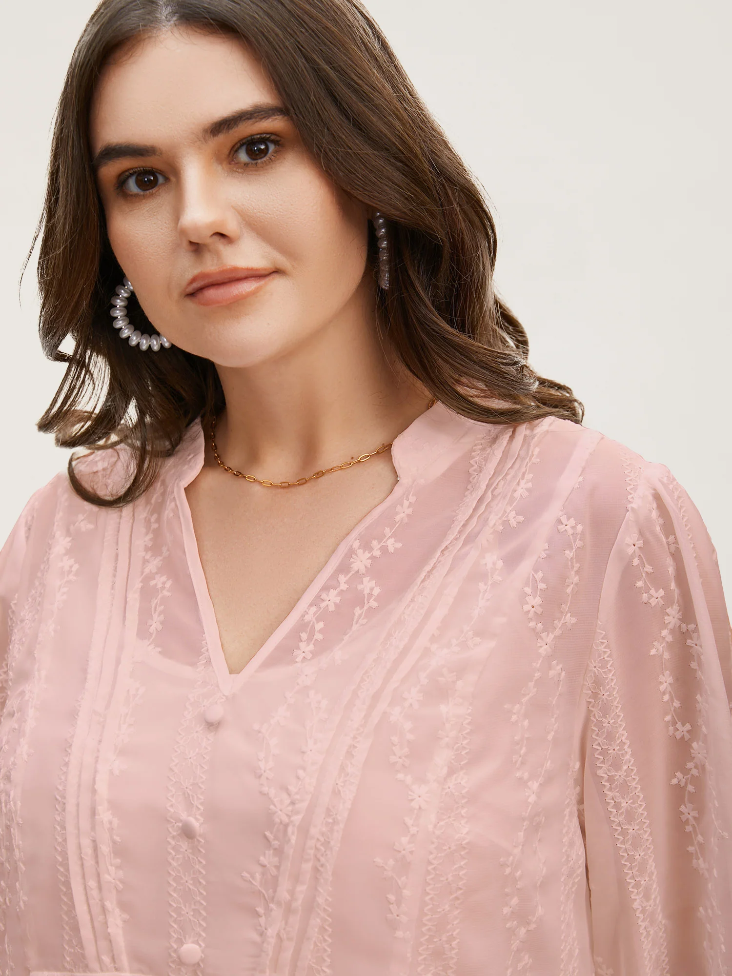 Texture Mesh Button Detail Tucked Seam Blouse - Image 12