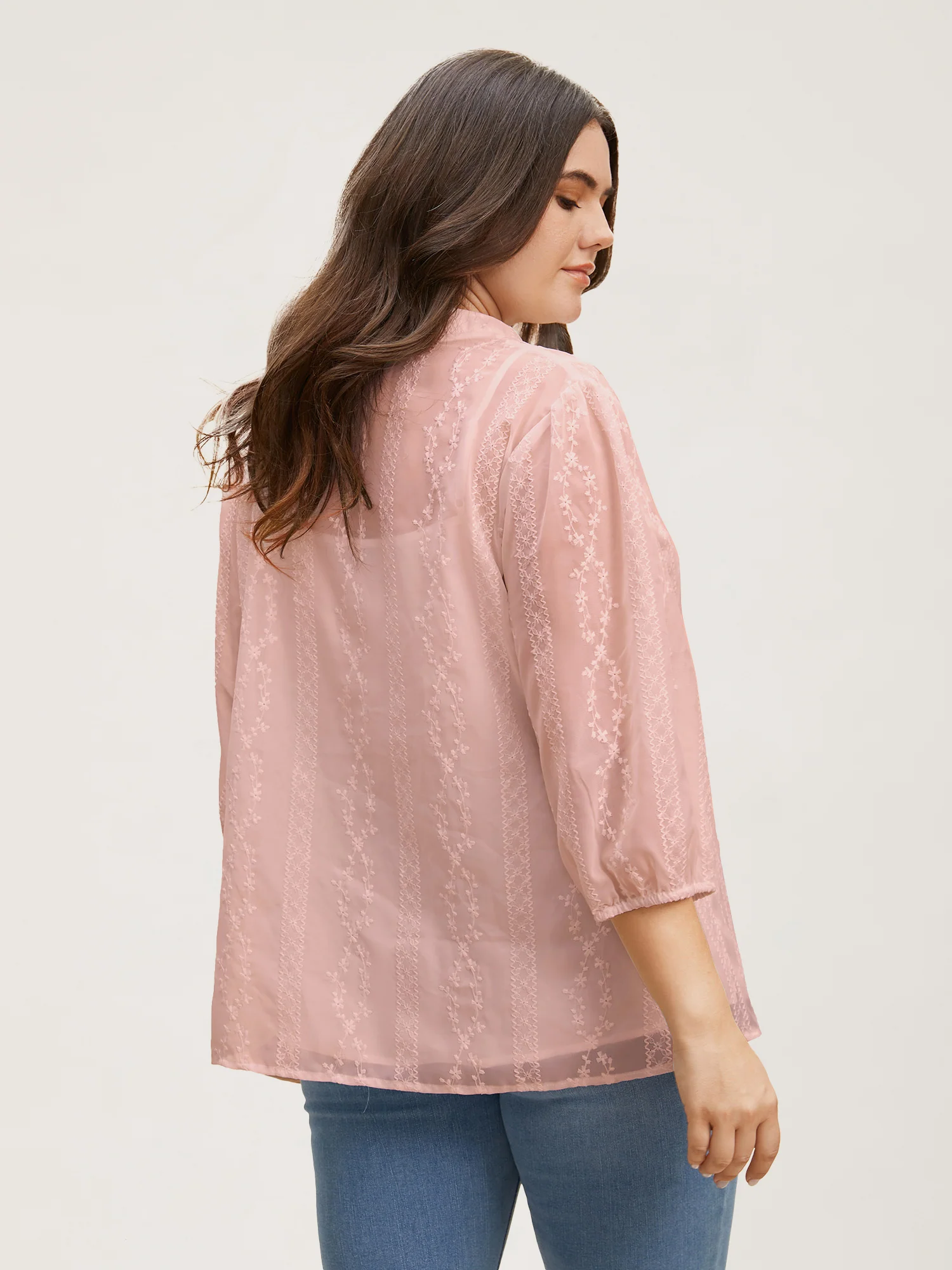 Texture Mesh Button Detail Tucked Seam Blouse - Image 13